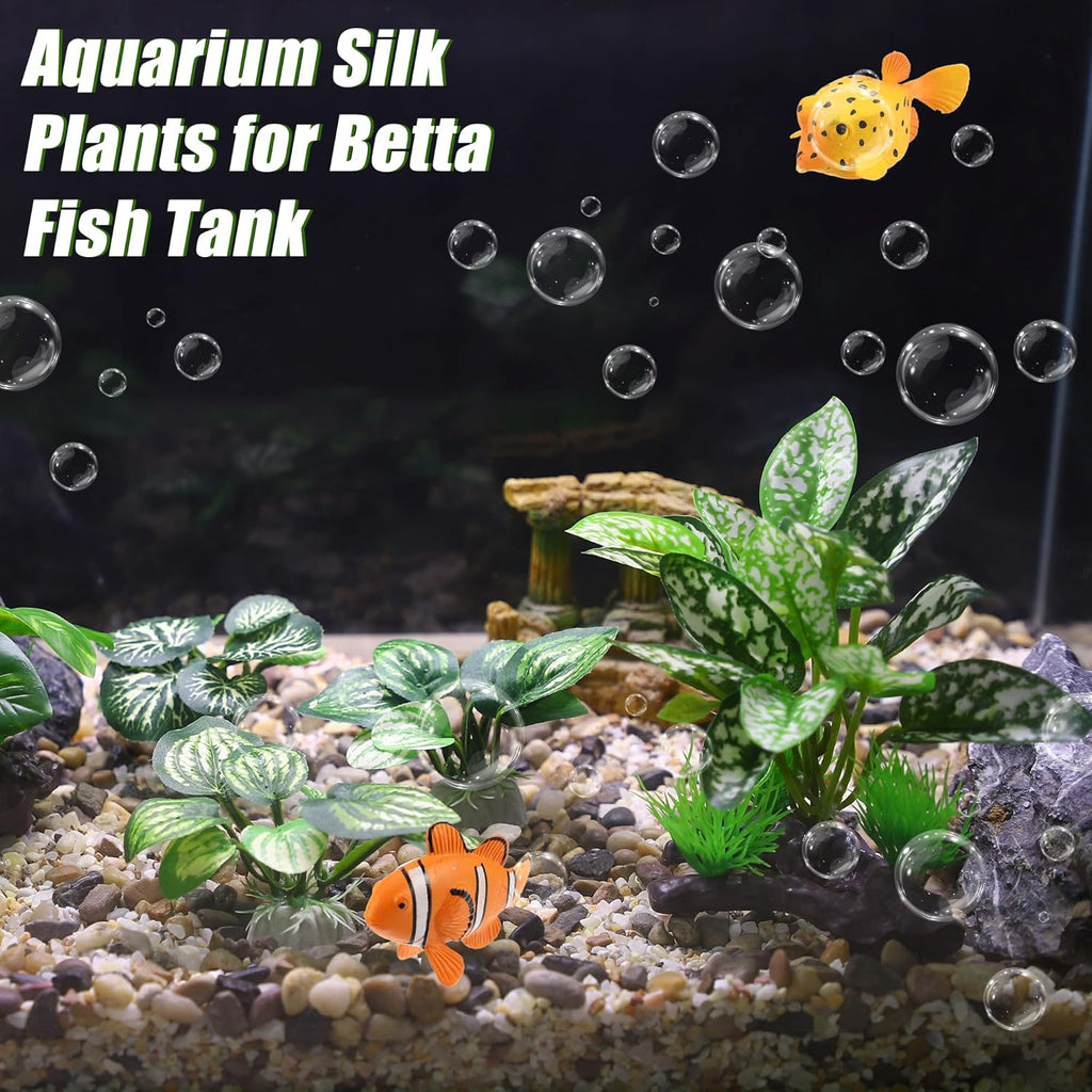 Aquarium Plastic Plants, Driftwood Betta Silk Plants, Silk Plants Aquarium Set Decorations, Silk Aquarium Plants for Betta Fish (Green, 5pcs)