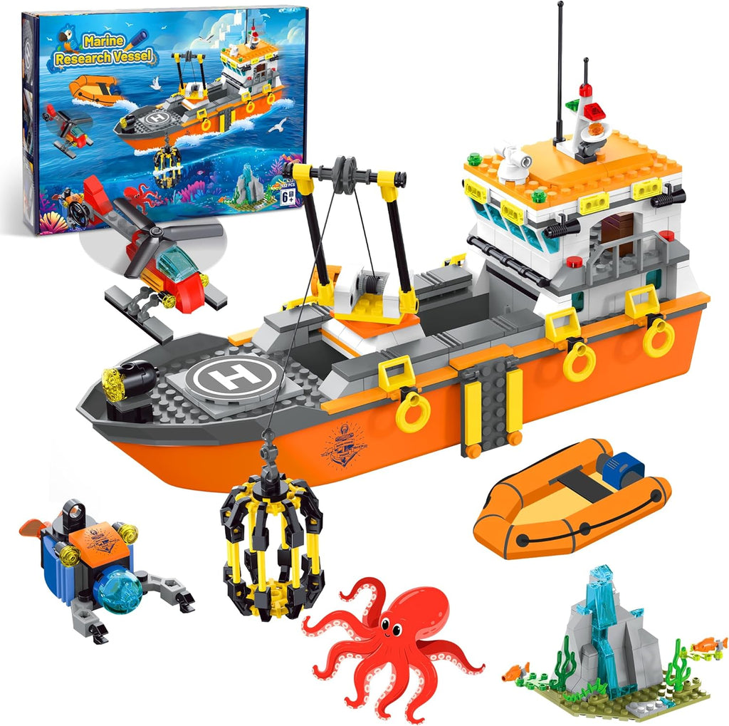 City Ocean Explorer Ship Building Set, Exploration Boat Set Toy Building Block with LED Lights, Helicopter, Submarine and Shark Cage, Birthday Gifts for 6 8 10 12 Years Old Boys Kids Girls