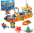 City Ocean Explorer Ship Building Set, Exploration Boat Set Toy Building Block with LED Lights, Helicopter, Submarine and Shark Cage, Birthday Gifts for 6 8 10 12 Years Old Boys Kids Girls