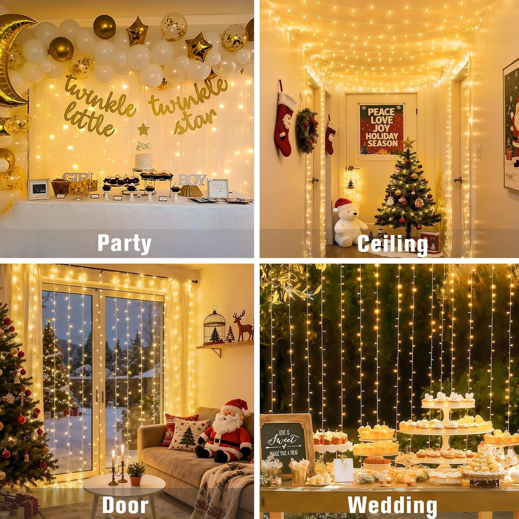 JMEXSUSS 300 LED Remote Control Christmas Curtain Lights, Plug in Fairy Curtain Lights Outdoor, Window Wall Hanging String Lights for Bedroom Backdrop Wedding Party Indoor Patio Xmas Decor, Warm White