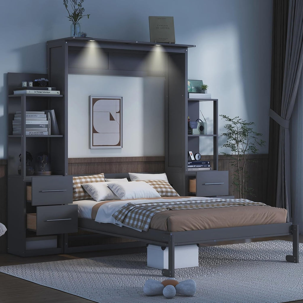 MERITLINE Full Murphy Bed with Storage Drawers,LED Lights and Storage Bookcase Shelves,Wood Murphy Wall Bed Cabinet for Adults