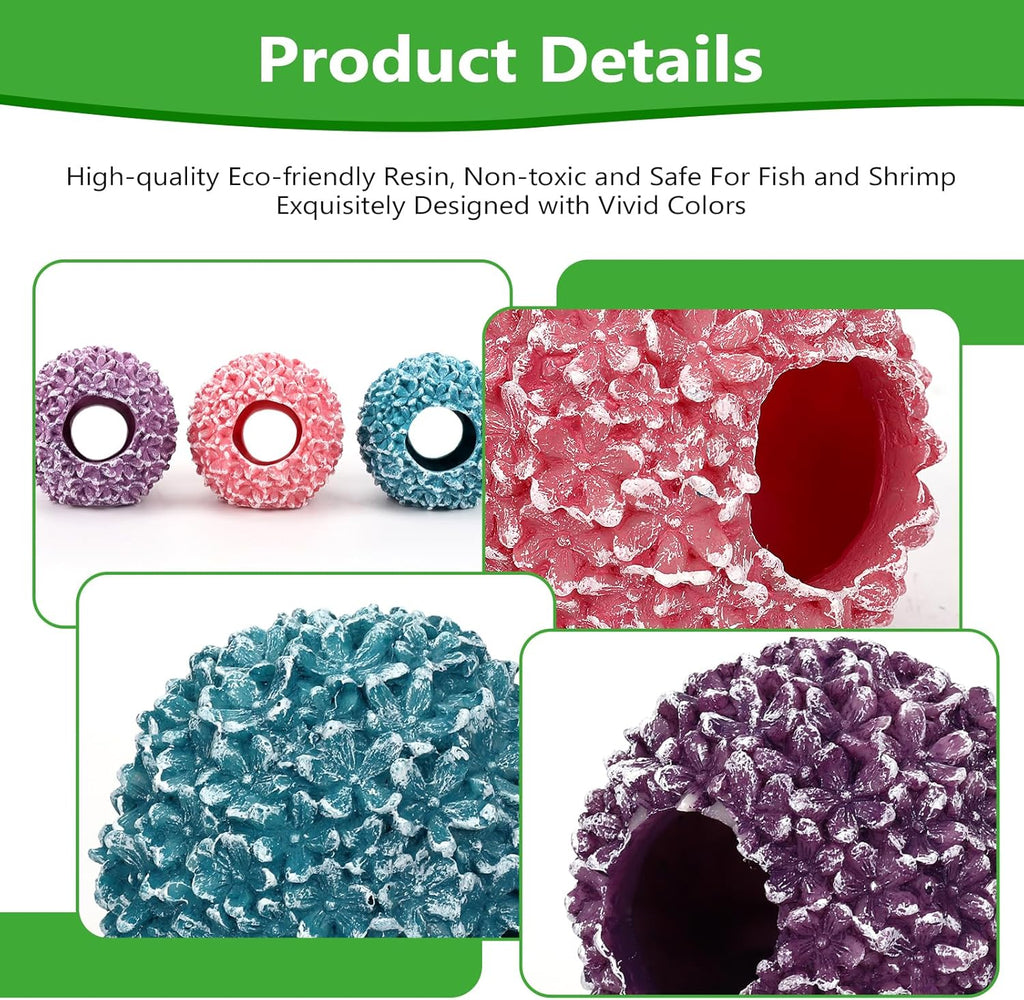 3-Pack Flowerball Aquarium Decorations Resin-Set of Hollow Floral Fish Tank Ornaments with Hiding Space-Approx. 3.5" L x 3.5" W x 3.5" H Each(Flowerball-3pcs)