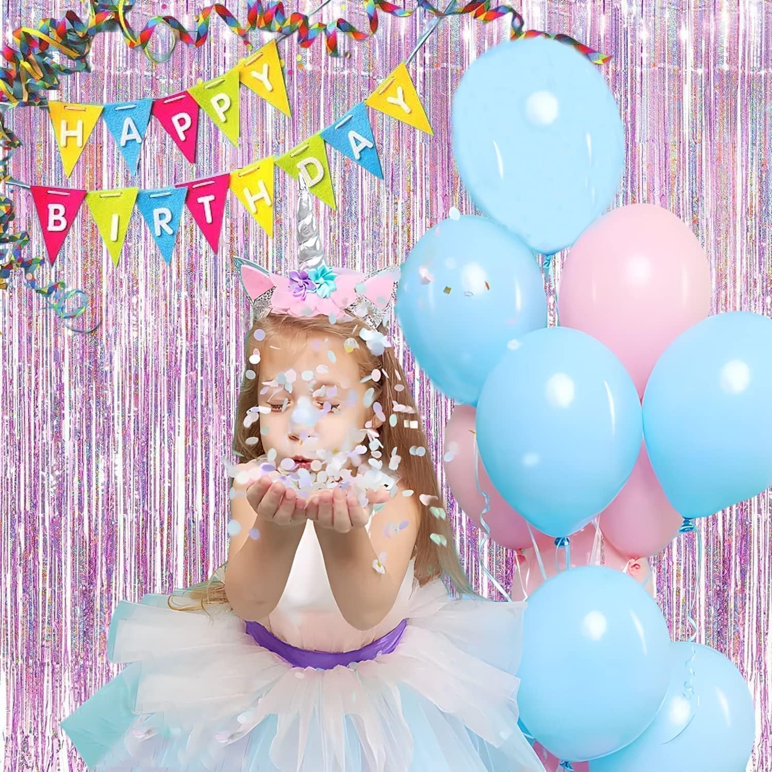 BRAVESHINE Pink Streamers Tinsel Foil Fringe Curtains - 2Pcs 3.2x8.2ft Metallic Party Backdrop for Christmas/New Year/Snowflake/Girl/Princess/Birthday/Bridal Shower/Bachelorette/Engagement Decorations
