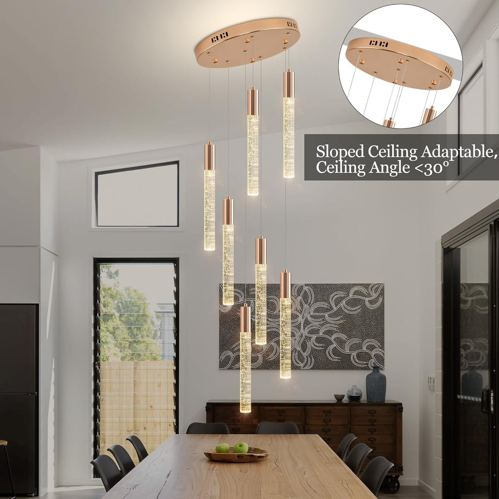 Modern High Ceiling Crystal Chandelier 7-Lights, Spiral LED Raindrop Foyer Pendant Lighting, Bubble Staircase Living Room Hanging Light Fixture Flush Mount Gold