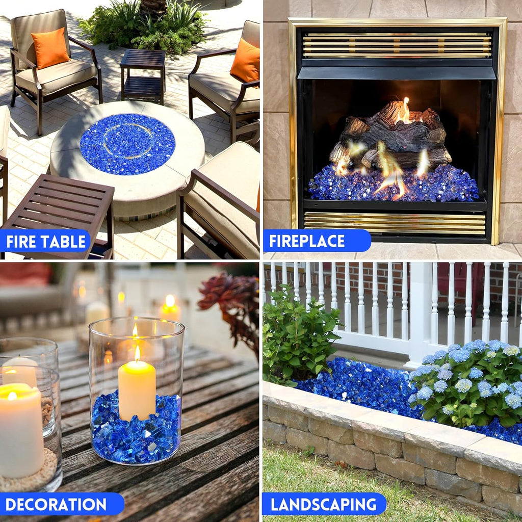 GasSaf 1/4 Inch Fire Glass Reflective Tempered Fireglass Cut Crushed FireGlass for Fire Pit, Fireplace, Replaces Existing Gas Logs & Lava Rocks (20 Pound)(Cobalt Blue Reflective)