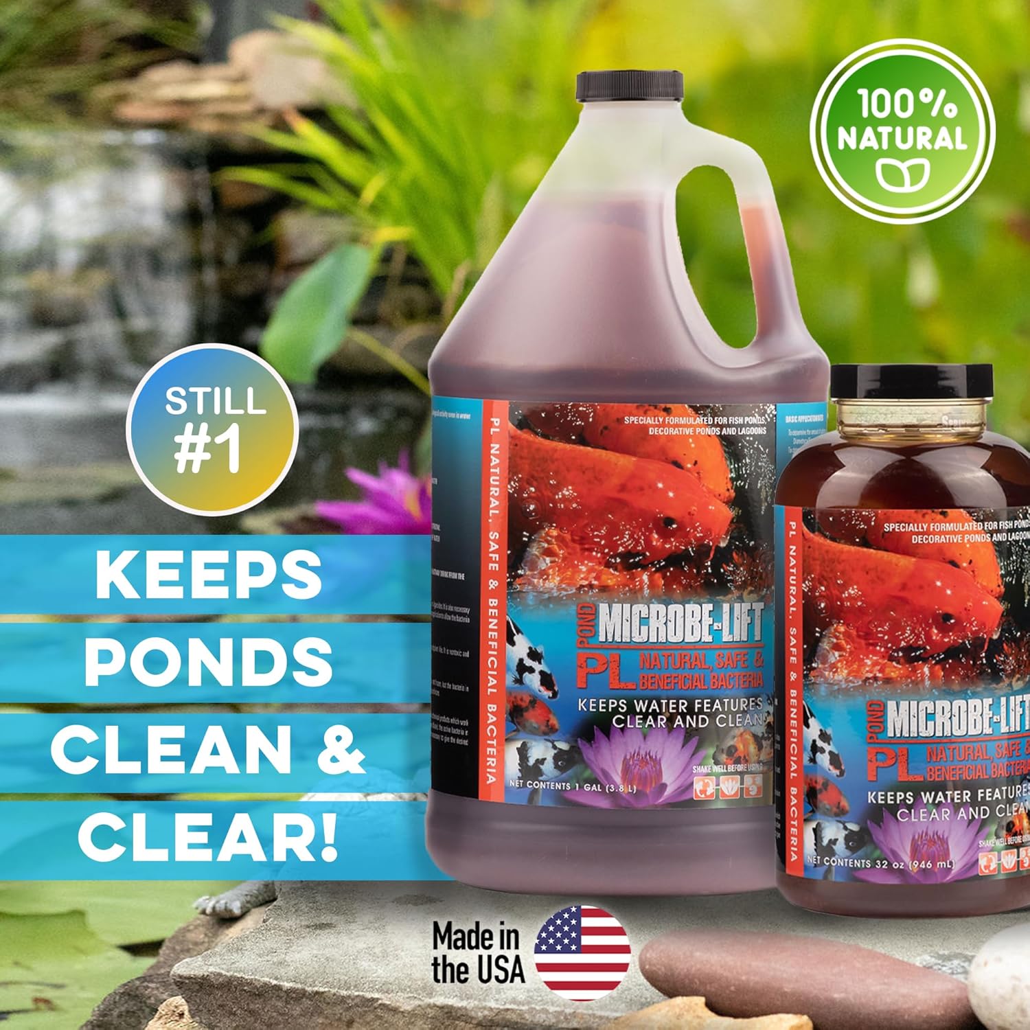 MICROBE-LIFT PL Pond Bacteria and Outdoor Water Garden Cleaner, Safe for Live Koi Fish, Plant Life, and Decor, 32 Ounces
