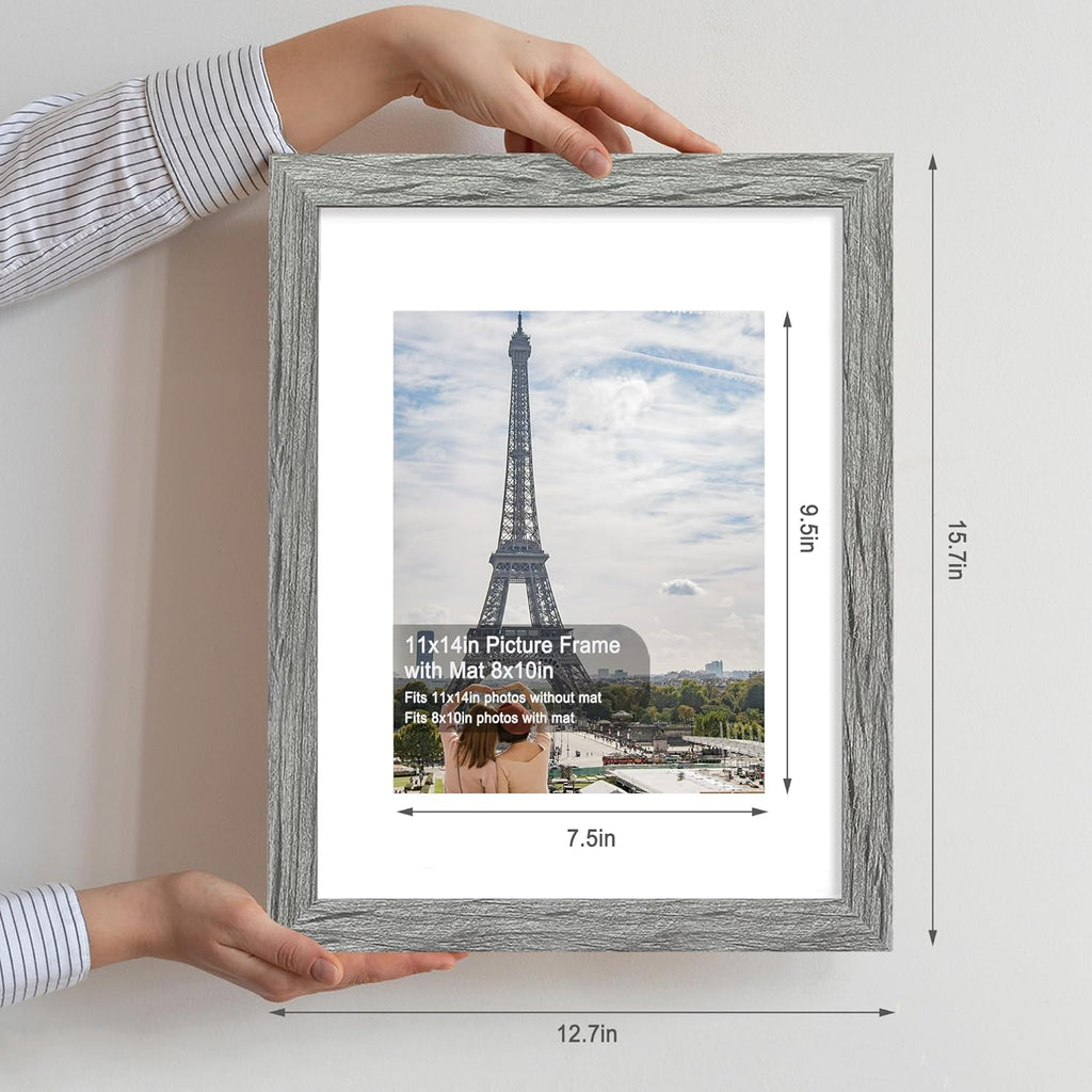 11x14 Picture Frame Set of 4, Made of Real Glass and Grey Wooden Frame, Display 8x10 Pictures with Mat or 11 x 14 Posters without Mat for Wall Mounting, Gallery Photo Frames