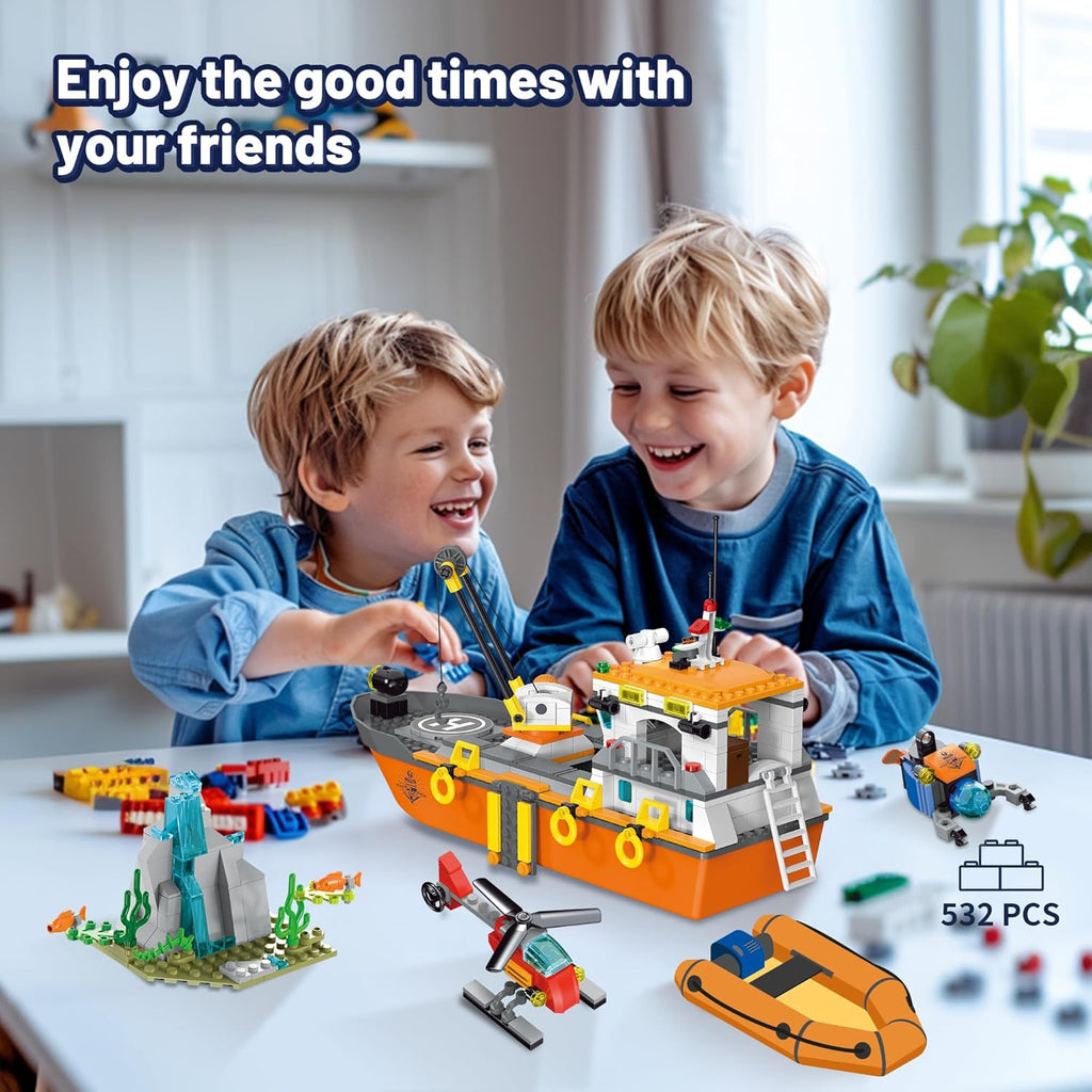 City Ocean Explorer Ship Building Set, Exploration Boat Set Toy Building Block with LED Lights, Helicopter, Submarine and Shark Cage, Birthday Gifts for 6 8 10 12 Years Old Boys Kids Girls