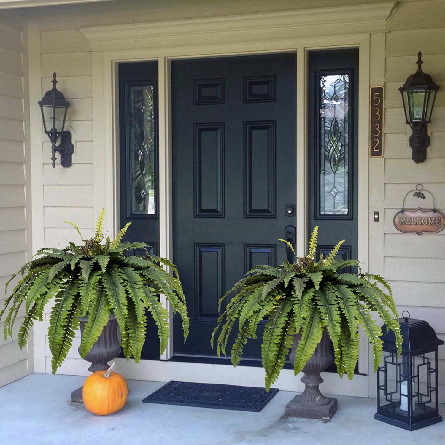 Large Artificial Ferns for Outdoor 48" Fake Boston Fern 60 Fronds Faux Ferns Plant Silk Greenery for Indoors Home Garden Porch Windowsill Decor (1 Stem)