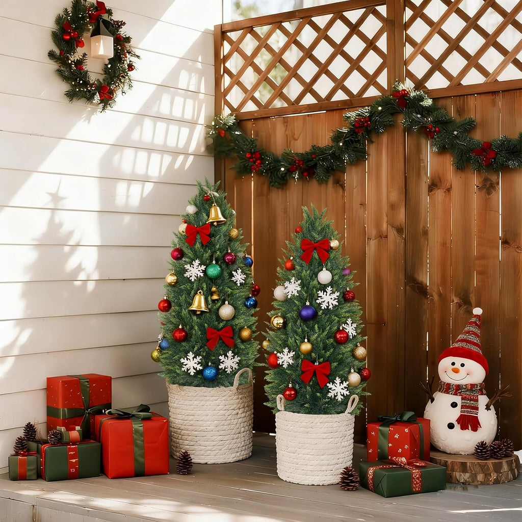 4FT Artificial Cedar Topiary Tree Set of 2, Faux Evergreen Pine Shrubs Plants with Pot, Realistic Fake Plants for Indoors Outdoors Front Porch Christmas Decor