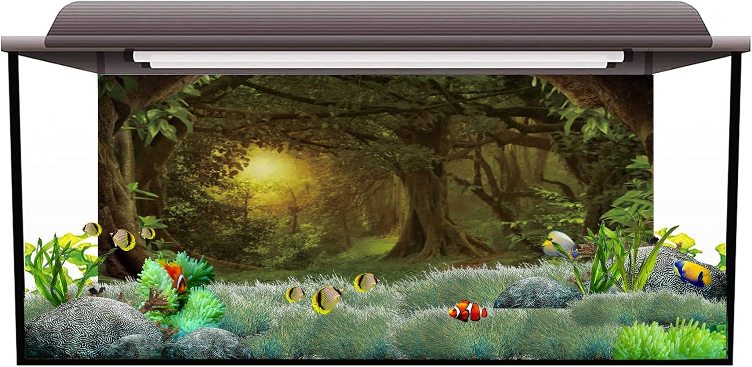 AWERT 48x24 inches Psychedelic Forest Terrarium Background Dim Old Trees Woodland Reptile Habitat Background Green Rainforest Aquarium Background Vinyl Background