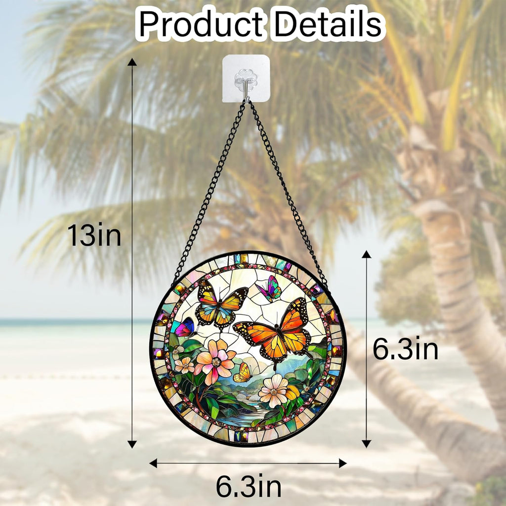 Stained Glass Window Hanging, Butterflies Flying in The Sky Suncatcher for Doors Home Sun Catchers Decoration and Christmas, Mother's Day Birthday Gifts for Women, Men, and Mom 6.3 in