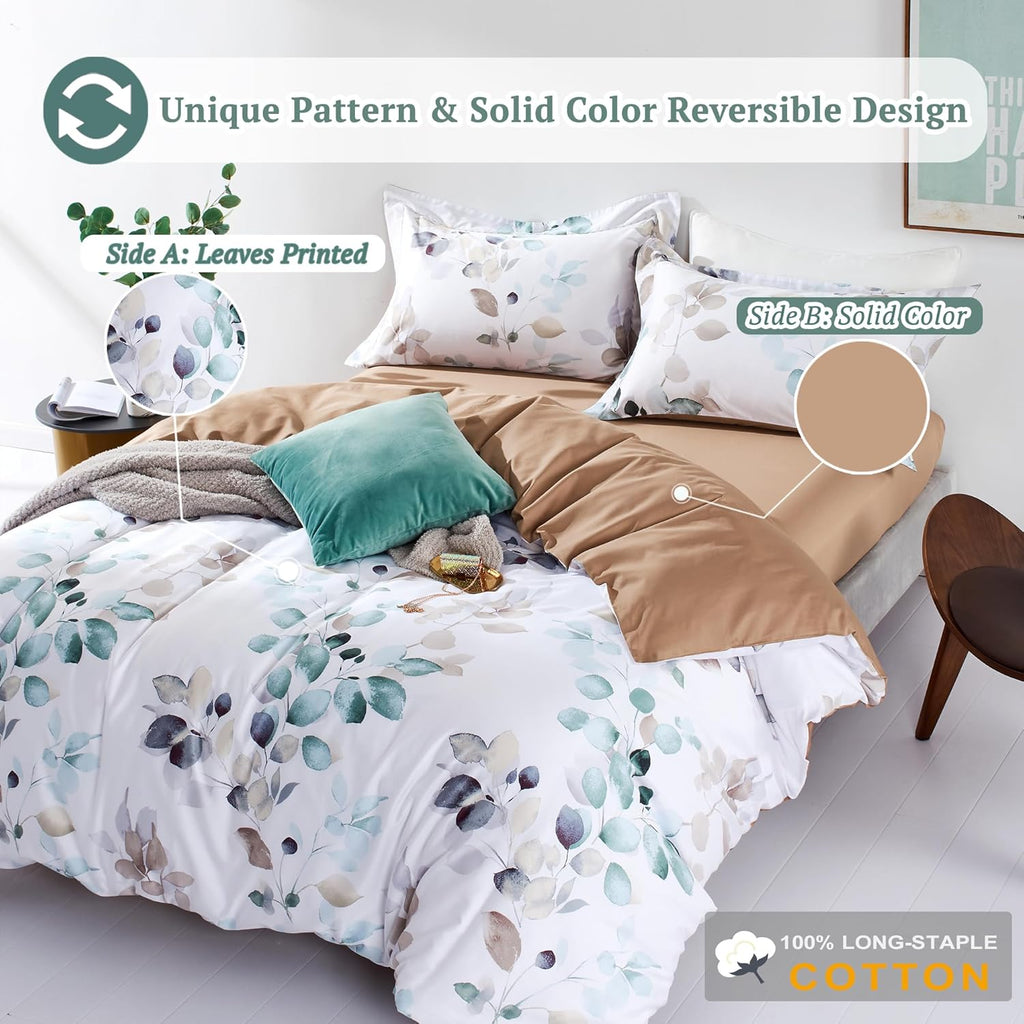 MILDLY Duvet Cover Set 100% Long-Staple Cotton Green Leaves Pattern Printed Comforter Cover 3pcs, Soft & Breathable Lightweigt Bedding Set