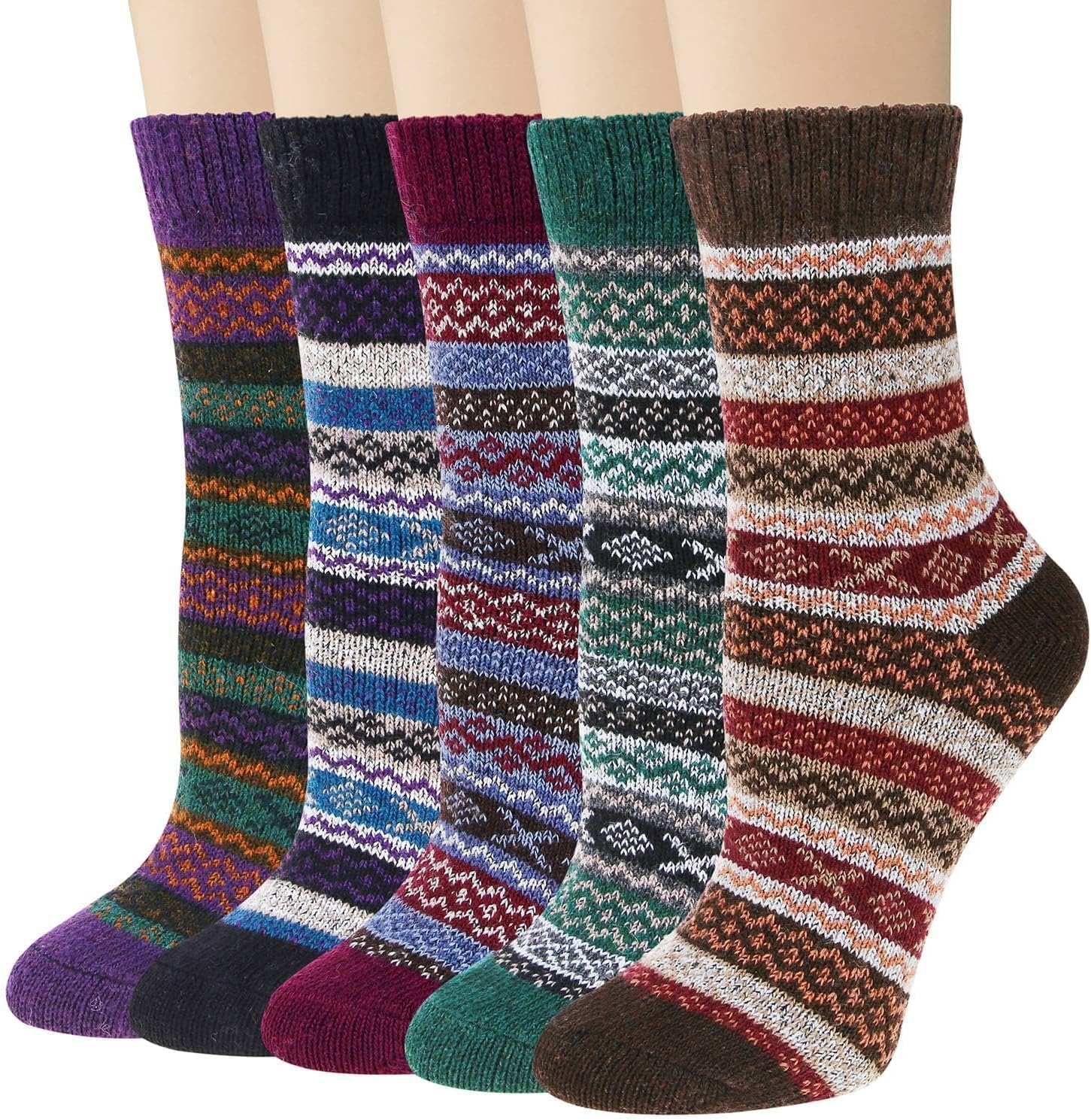 Justay 5 Pairs Wool Socks for Women - Winter Thick Boot Cozy Crew Vintage Soft Calf Knit Warm Socks Gifts