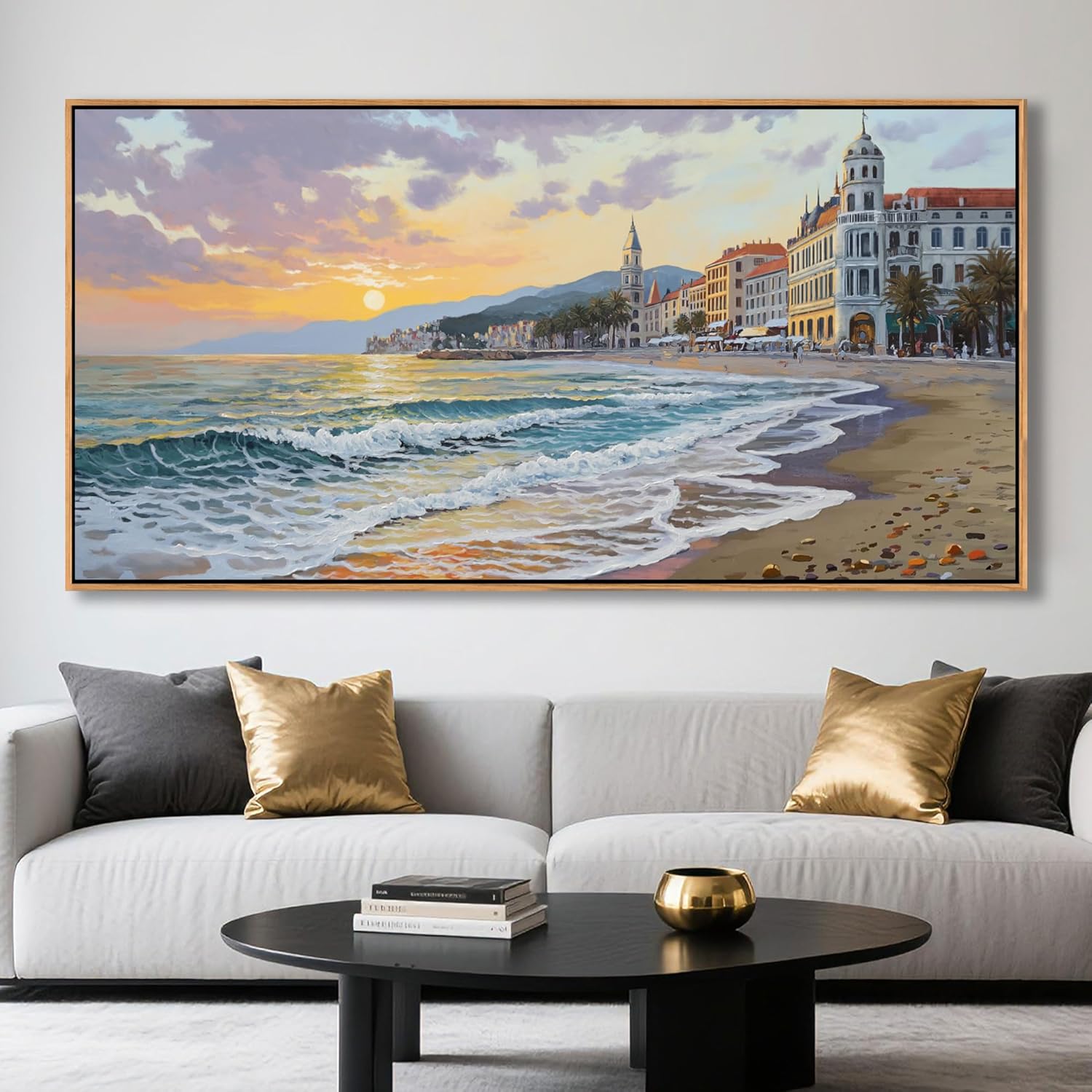 YDYSUNE Beach Wall Decor Framed Large Canvas Coastal Wall Art for Living Room Picture Village Seaside Painting Sunset Coast Artwork for Bedroom, Dining,Office Decoration Size 29x58 Inches