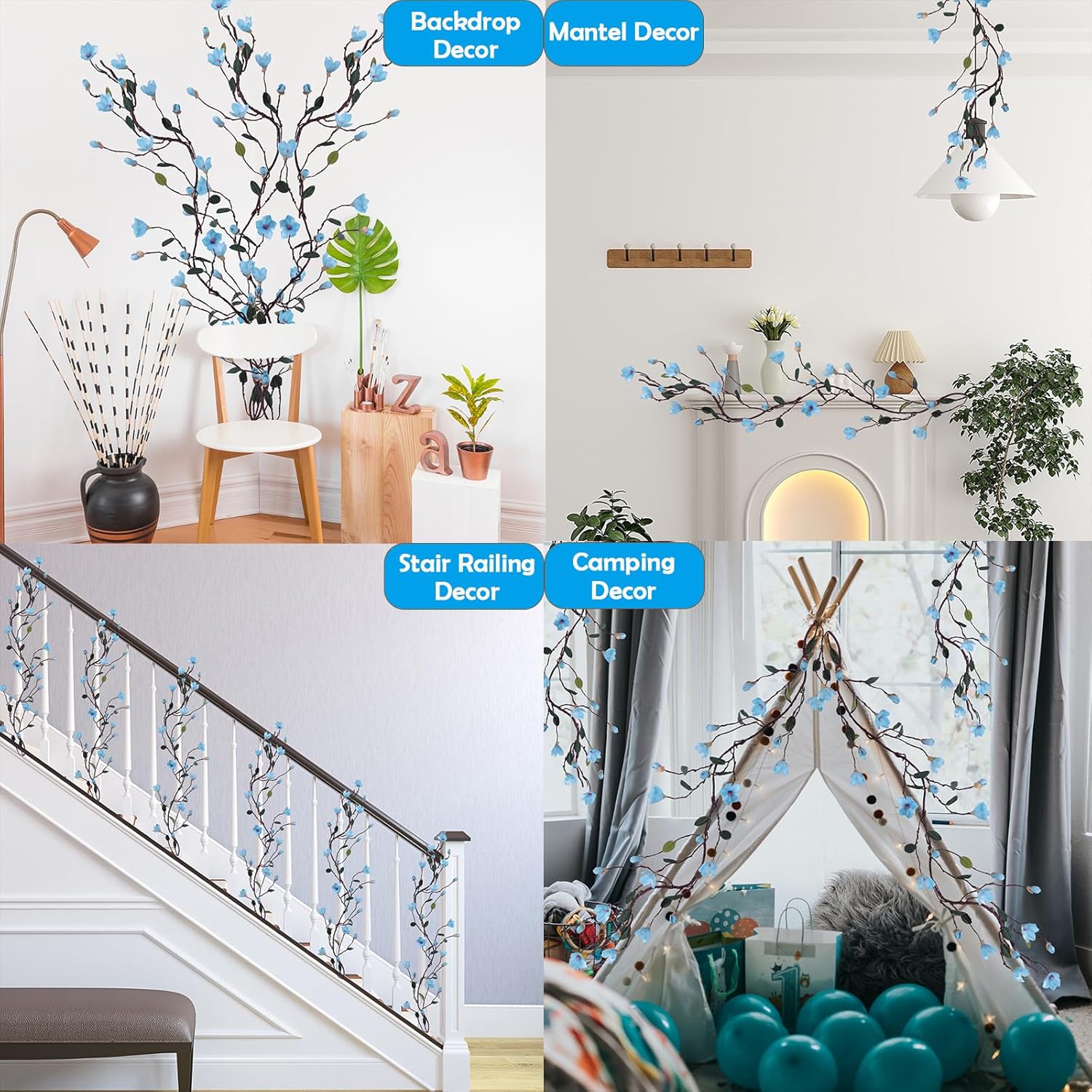 160cm/63inch Bendable Artificial Magnolia Flower Tree Branches Garland Orchid Door Hanging Floral Vines Wreath for Wedding Sign Arch Wall Backdrop Home Garden Mantel Decoration (Blue)