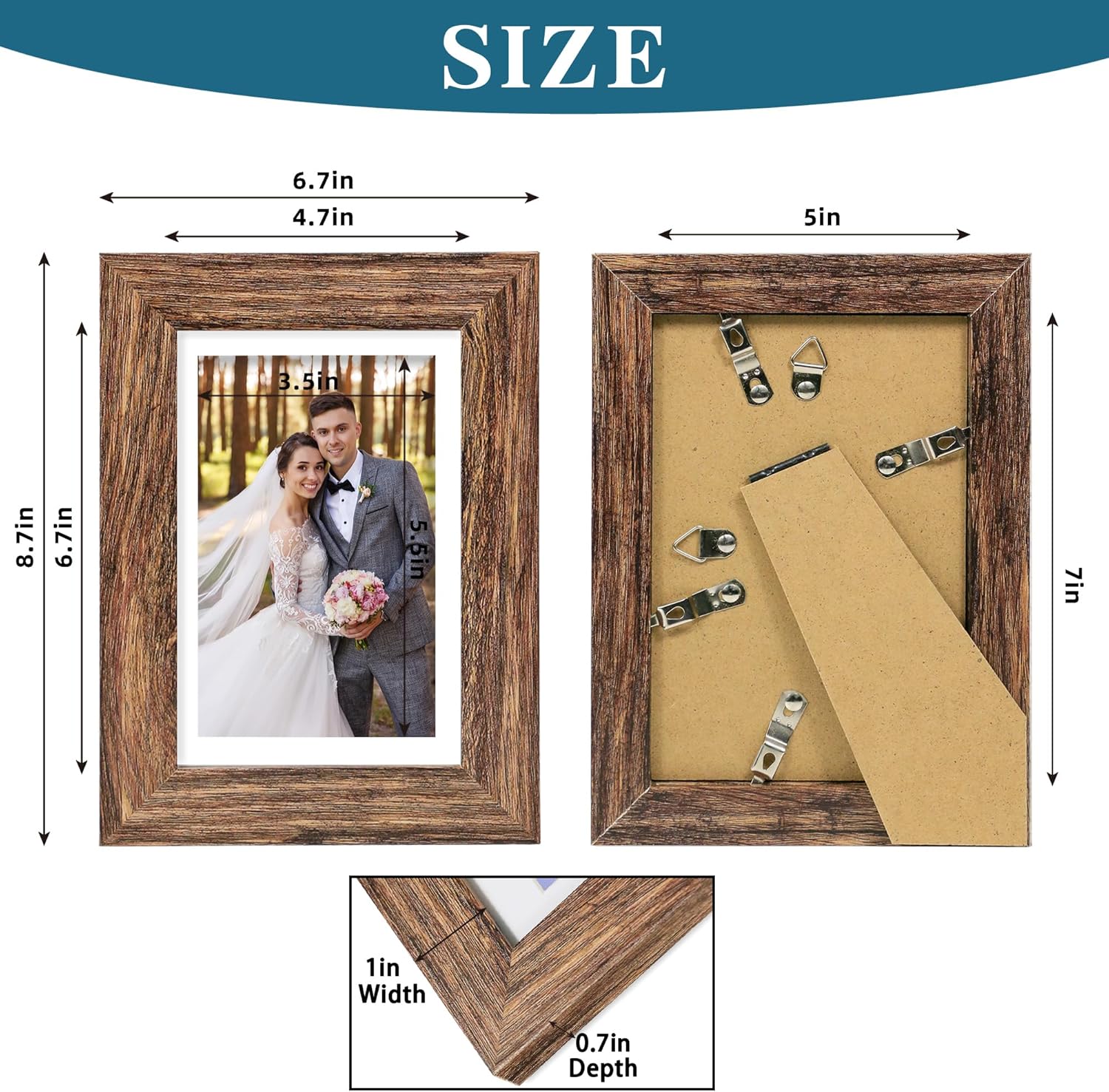 5x7 Picture Frame Set of 4, Made of Real Glass and Rustic Brown Wooden Frame, 5 by 7 Photo for Wall or Tabletop - Display Picture 4x6 with Mat or 5x7 Without Mat