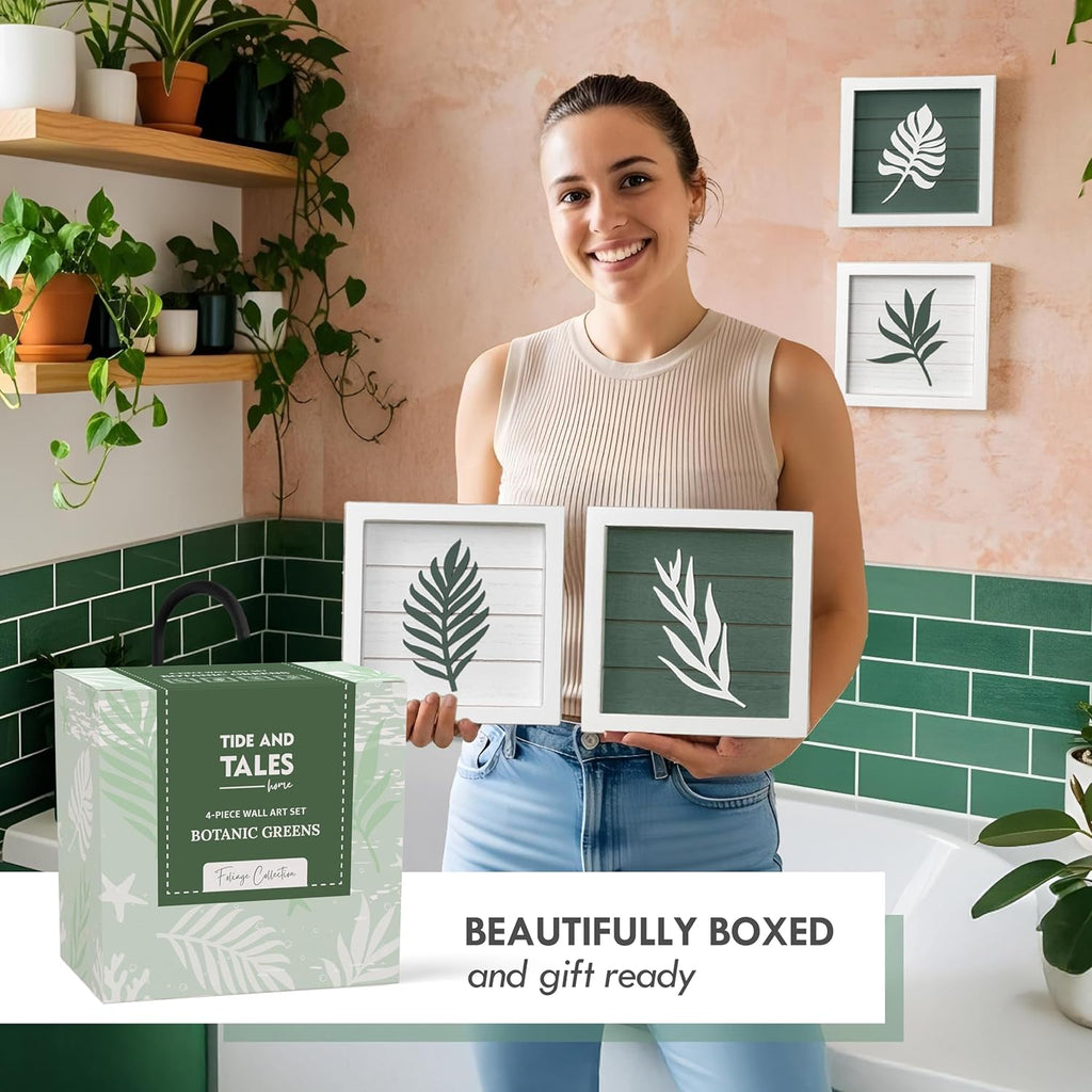 3D Green Botanical Wall Art (Framed Set of 4) Lightweight, Ready-to-Hang Leaf Decor - Wooden Minimalist Boho Wall Art for Bathroom, Bedroom, Living Room or Office - Farmhouse Plant Artwork, Gift-Boxed