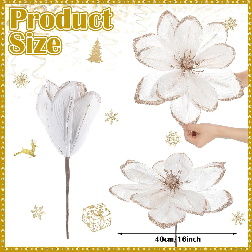8 Pcs Large Christmas Flower Magnolia Flowers Christmas Tree Decoration Artificial Poinsettia Stems Velvet Xmas Ornaments for Xmas Tree Table Decor(White,16 Inch)