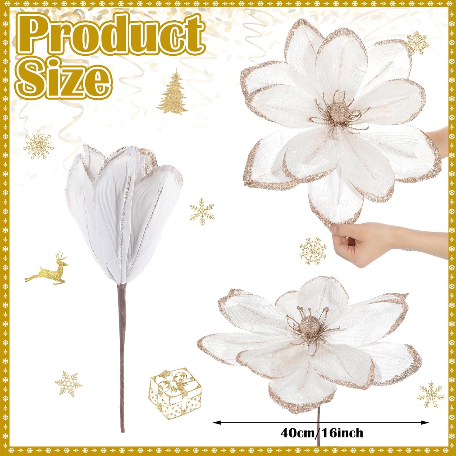 8 Pcs Large Christmas Flower Magnolia Flowers Christmas Tree Decoration Artificial Poinsettia Stems Velvet Xmas Ornaments for Xmas Tree Table Decor(White,16 Inch)