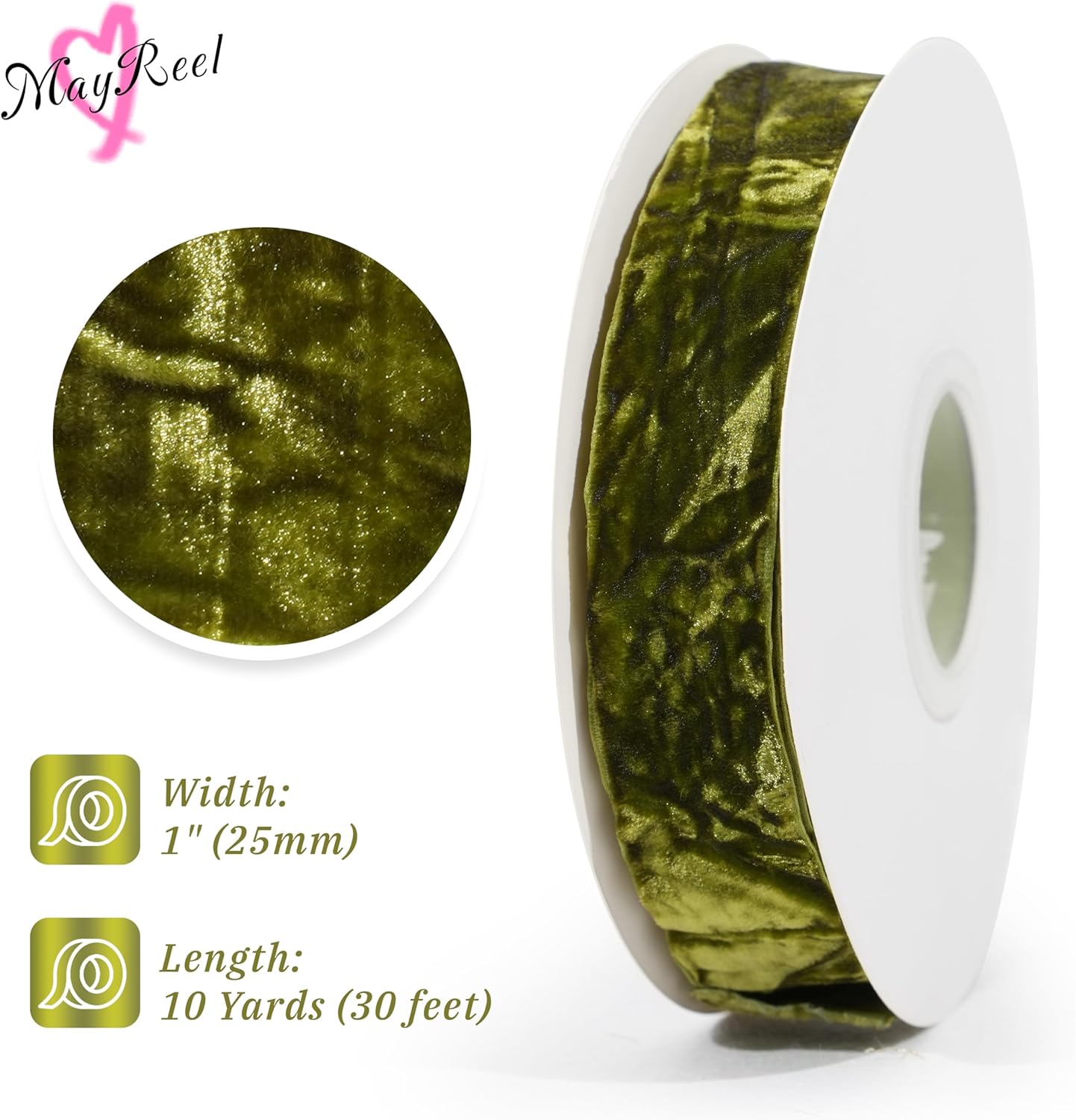 MAYREEL 1 Inch Moss Crushed Velvet Ribbon Olive Green Vintage for Flower Bouquets Wedding Invitations Crafts Gift Wrapping Party Favor Boxes 10 Yards
