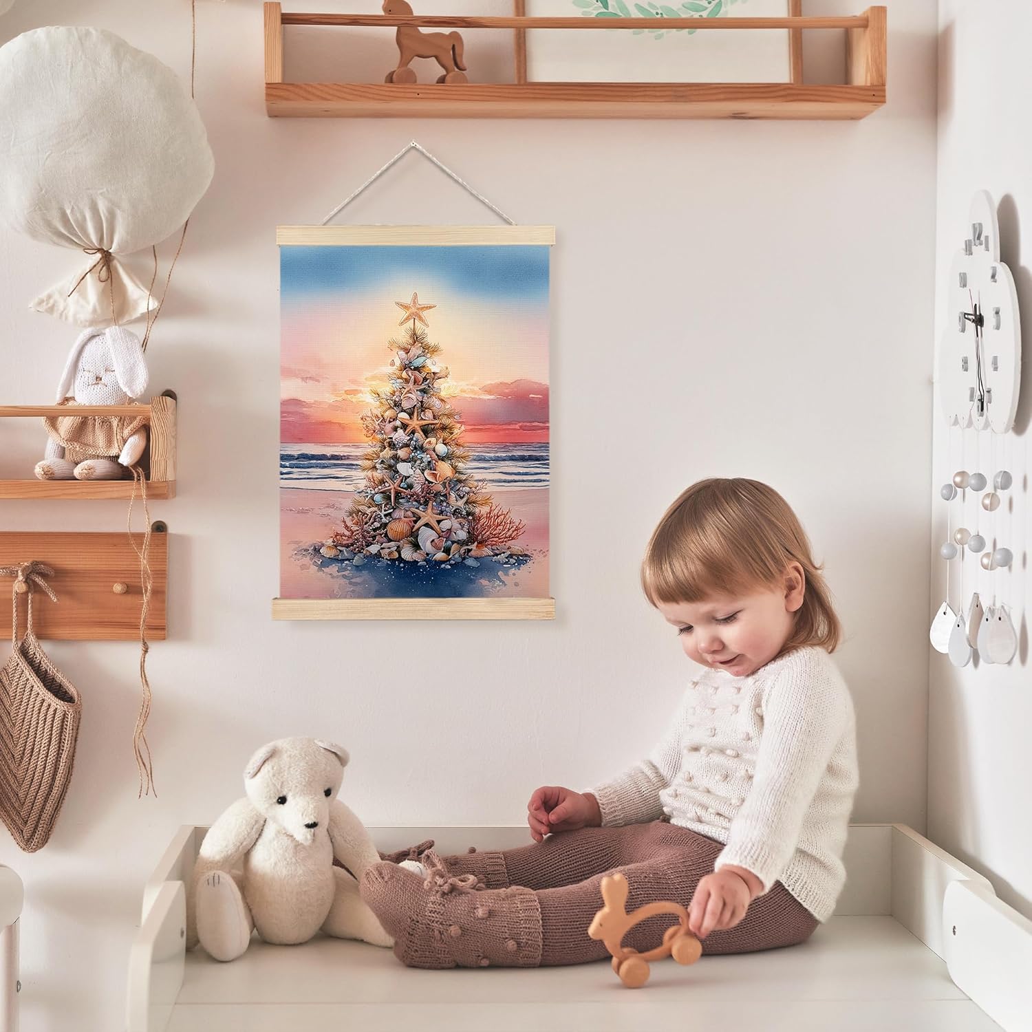 FDHSPAAM Beach Christmas Tree Wall Art Decor, Coastal Christmas Decor, Tropical Sunset Ocean Starfish Seashell Holiday Wall Art Posters for Beach House Home Bedroom Living Room, 12x16 Inch