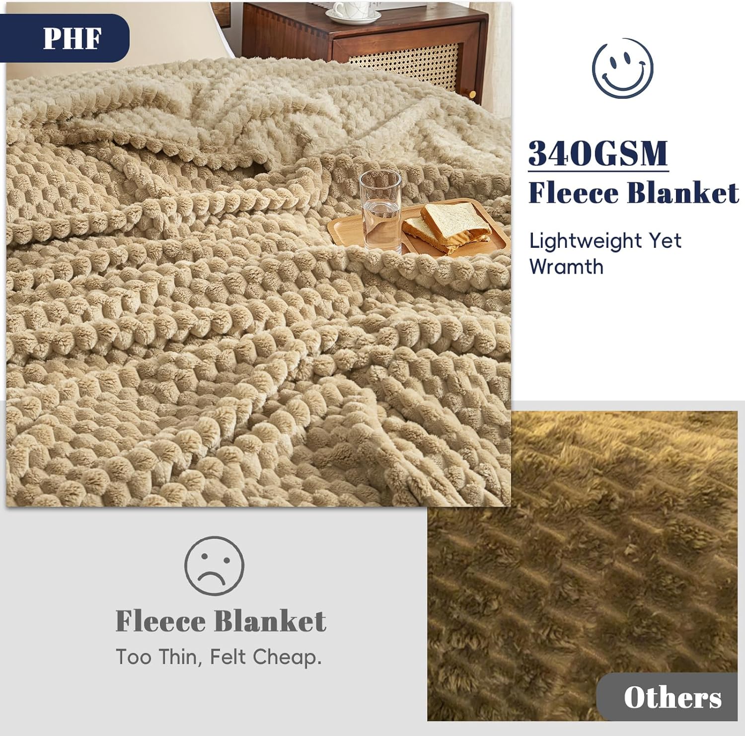 PHF Ultra Soft Flannel Fleece Blanket King Size, Lightweight 3D Jacquard Fleece Blanket, No Shedding, No Pilling, Luxury 340GSM Aesthetic Fluffy Cozy for Bed Room Decor, 108"x90", Khaki