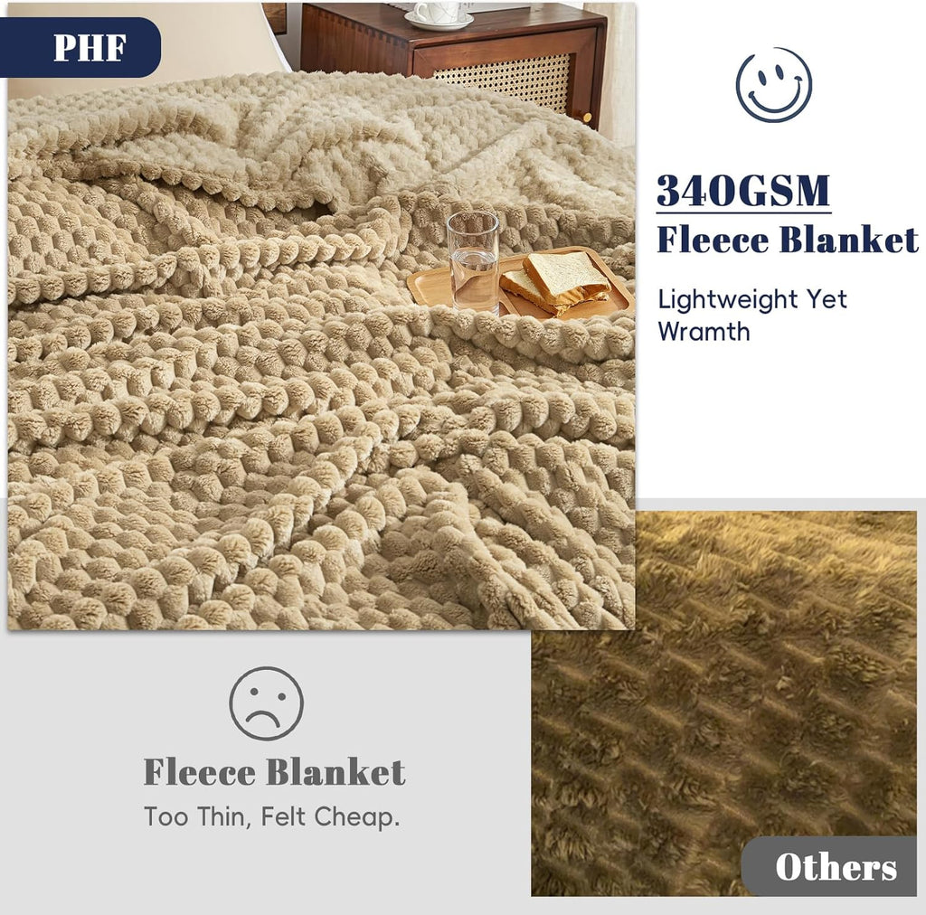 PHF Ultra Soft Flannel Fleece Blanket Twin Size, Lightweight 3D Jacquard Fleece Blanket, No Shedding, No Pilling, Luxury 340GSM Fluffy Cozy Bedding for Bed Room Decor, 66"x90", Khaki