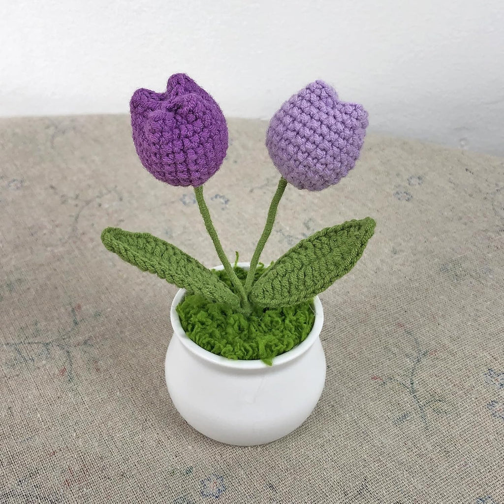 Crochet Flowers Cute Little Potted Flower, Gift for Birthday, Teacher’s Day, Graduation, Anniversary, Christmas, Decor for Car Dashboard,Home Office Decoration (Purple Gradient Tulips)