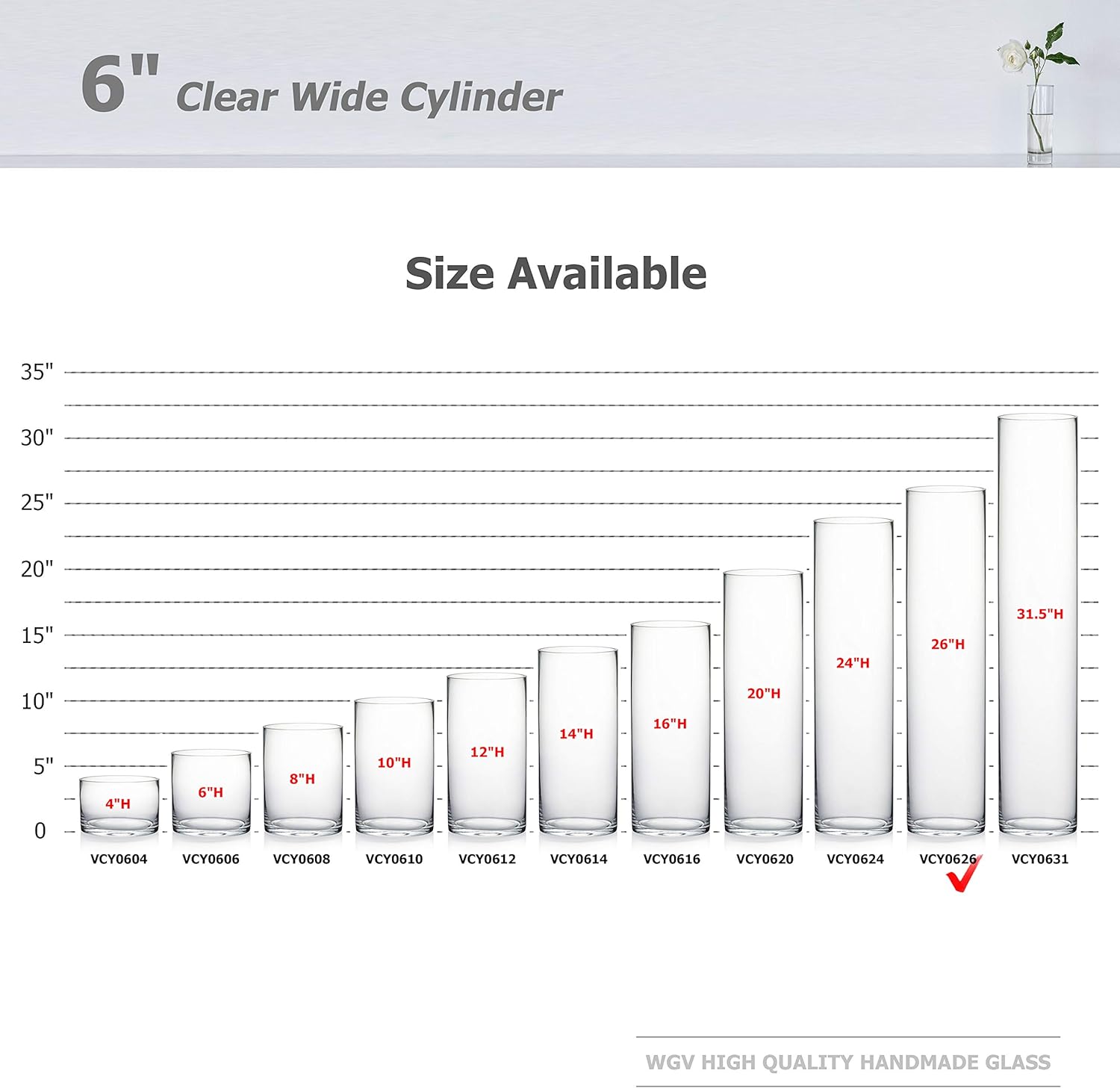 WGV Cylinder Vase Bulk, Width 6", Height 26", Clear Tall Glass Container Terrarium Candle Holder for Wedding Centerpiece, Party Event, Home Office Decor, 6 Pieces