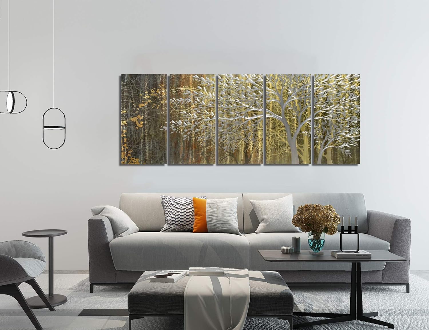 BATRENDY ARTS Gold Metal Wall Art Yellow and Brown Tree Sculpture Landscape Aluminium Panel Artwork Hangings for Living Room Decorations