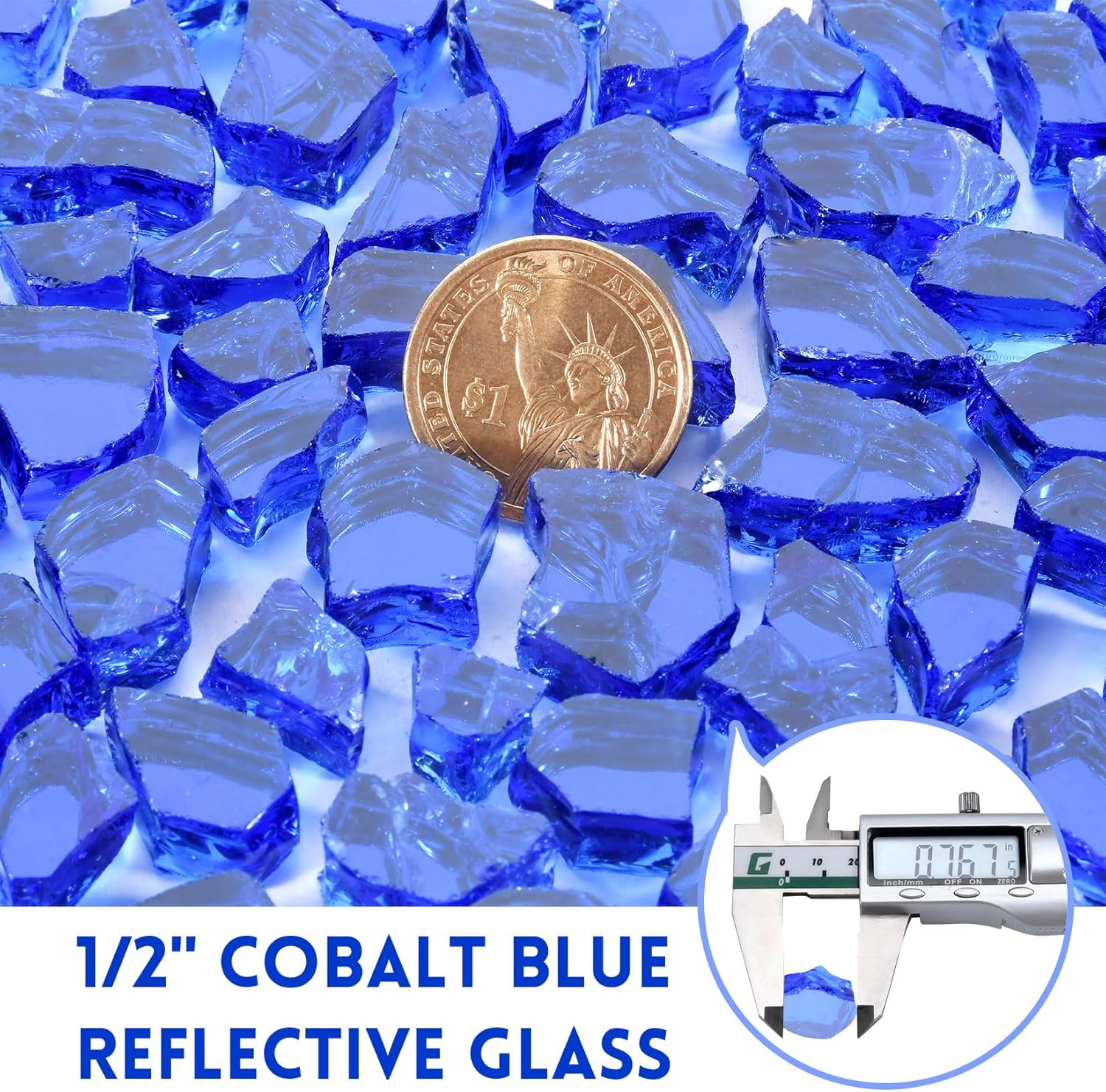 GasSaf 1/2 Inch Fire Glass Reflective Tempered Fireglass Cut Crushed FireGlass for Fire Pit, Fireplace, Replaces Existing Gas Logs & Lava Rocks (10 Pound)(Cobalt Blue Reflective)