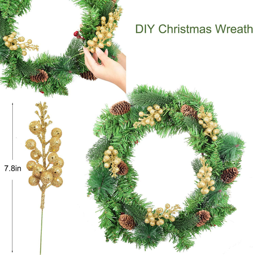 14 Pack Christmas Glitter Berries Stems, 7.8Inch Artificial Christmas Picks for Christmas Tree Ornaments, DIY Xmas Wreath, Crafts, Holiday and Home Decor, Gold