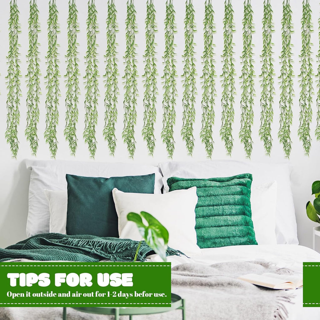Riceshoot 24 Pcs Artificial Hanging Vines Fake Weeping Willow Leaves Decor Fake Seaweed Artificial Vines Greenery Garland for Wedding Party Backdrop Wall Decor Garden Patio Backyard (Dark Green)