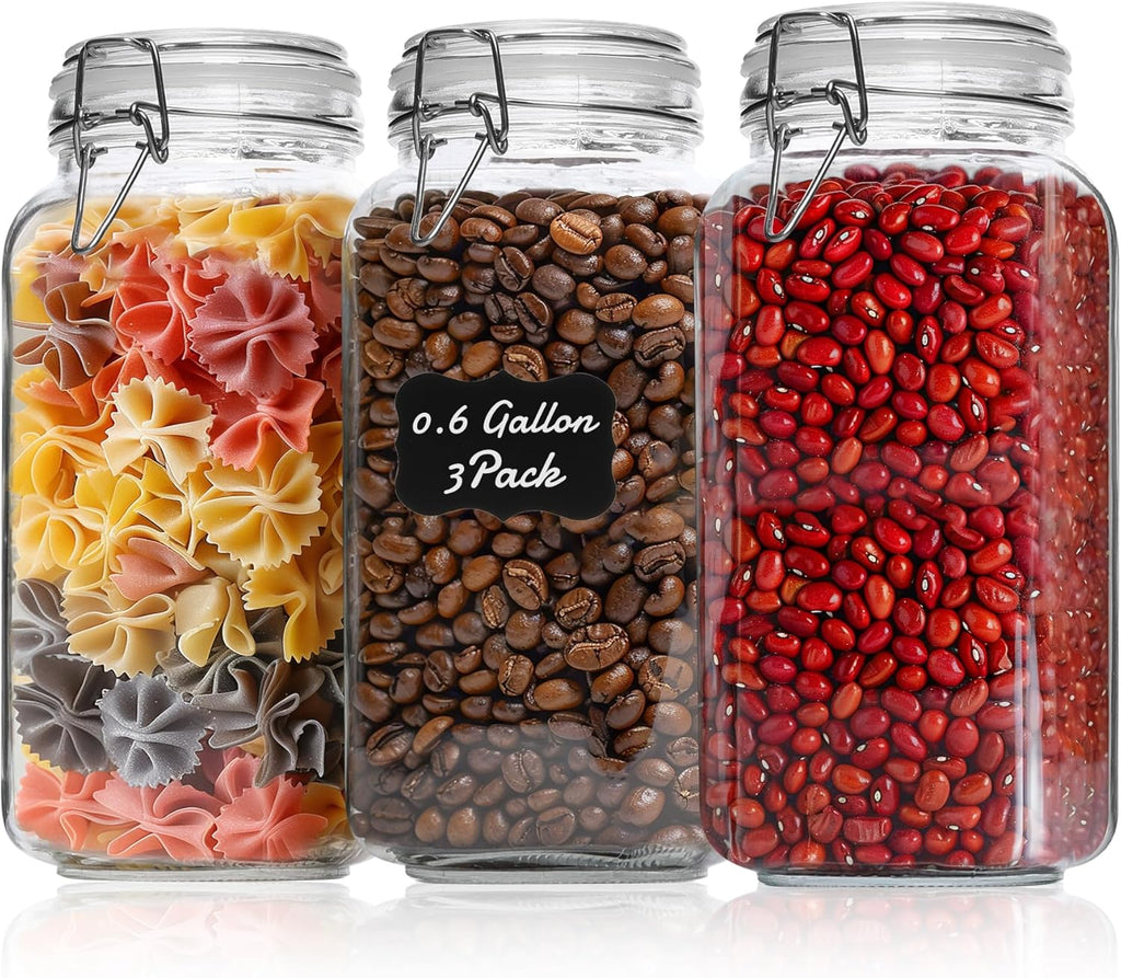 ComSaf Airtight Glass Jars with Lids 0.6 Gallon Set of 3, Food Storage Canister Square-Storage Container with Clear Preserving Seal Wire Clip Fastening for Kitchen Canning Flour, Cereal, Pasta, Bean