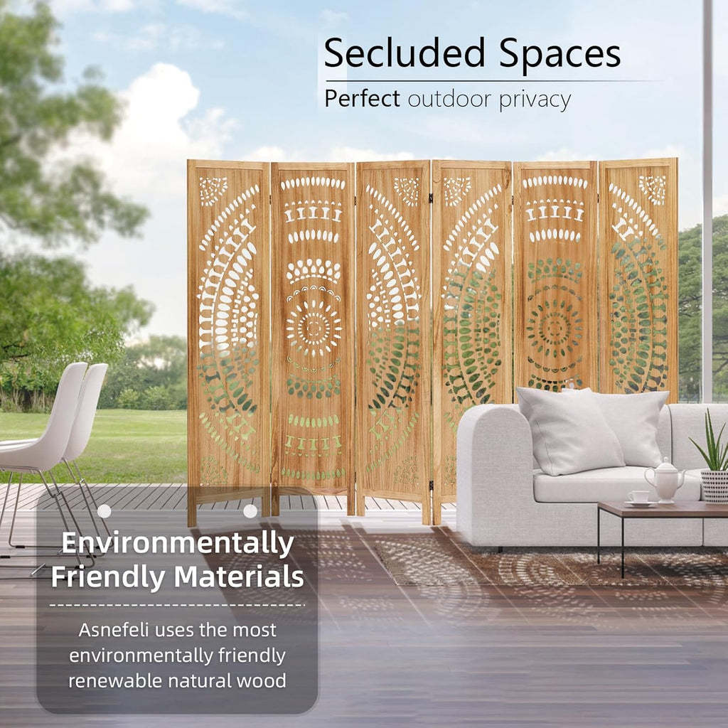 Wooden Room Divider Wall, 6 Panel Divider Screens, Folding Privacy Screen, 5.6 FT Wall Divider Room, Carved Room Divider Panel, Portable Wall Divider for Home Bedroom Office (Natural)