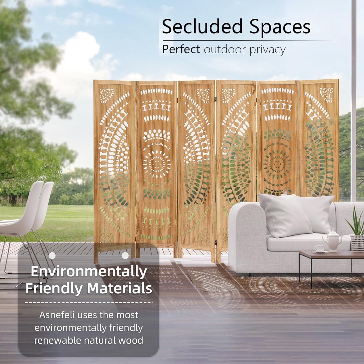 Wooden Room Divider Wall, 6 Panel Divider Screens, Folding Privacy Screen, 5.6 FT Wall Divider Room, Carved Room Divider Panel, Portable Wall Divider for Home Bedroom Office (Natural)