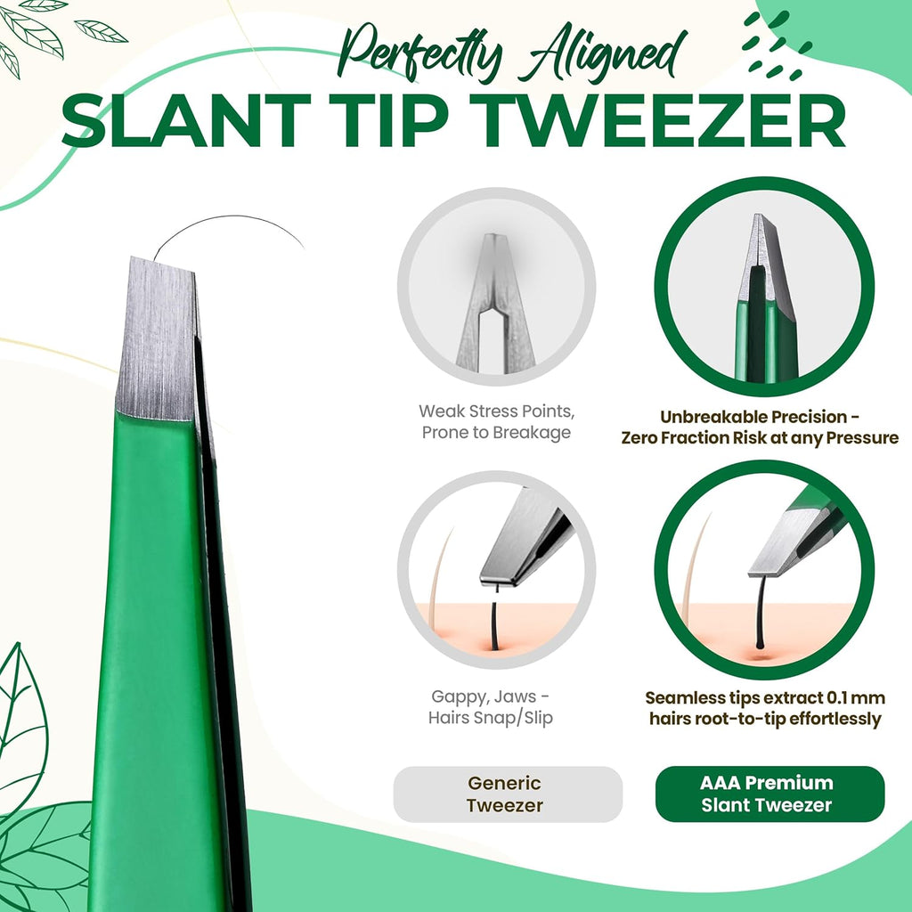 Professional Slant Tip Eyebrow Tweezers for Women & Men – Precision Hair Removal Tool – Stainless Steel Tweezers for Eyebrow Shaping, Facial Hair, Ingrown Hair & Splinter Removal (Jade Green)