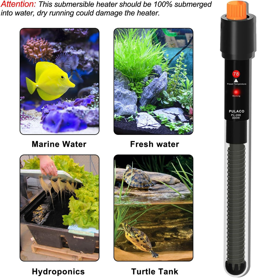 PULACO 300Watt Aquarium Heater for 40-50 Gallon Fish Tank, Adjustable Submersible Heater Thermostat with Thermometer Strip and Suction Cup