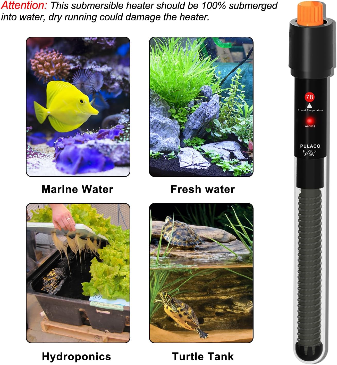 PULACO 300Watt Aquarium Heater for 40-50 Gallon Fish Tank, Adjustable Submersible Heater Thermostat with Thermometer Strip and Suction Cup