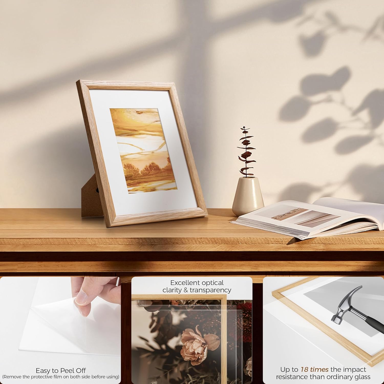 Fun Memories 8x10 Oak Picture Frame for Wall, 8x10 Frame with Matted to 5x7, Solid Wood Picture Frames for Wall Art Photo and Prints (Beige, 1 Pack)