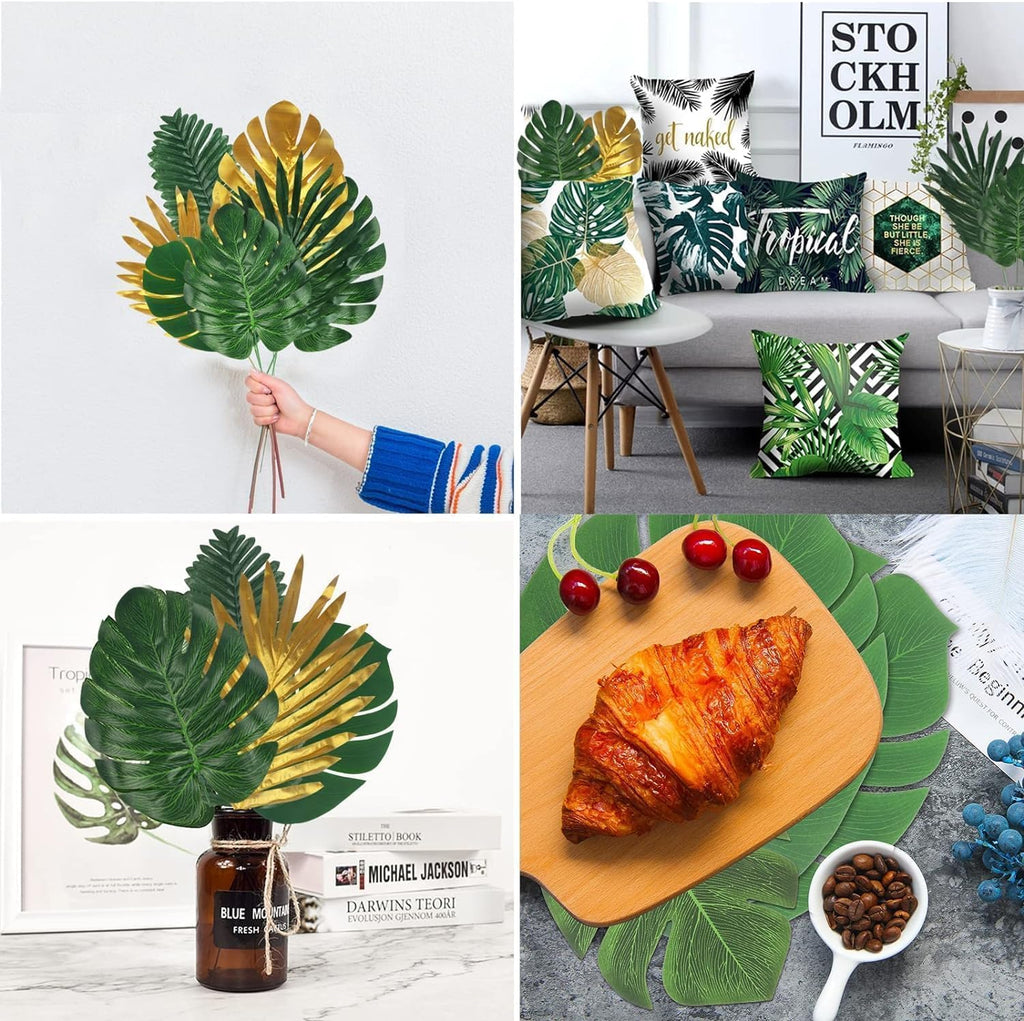 50 Pieces 10 Kinds Artificial Palm Leaves Golden Tropical Leaves with Stems Jungle Leaves Decorations for Hawaiian Luau Party Beach Baby Shower Wedding Birthday