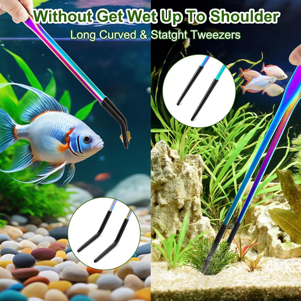 OLIISS Stainless Steel Reptile Feeding Tongs with Rubber Tip - 10.6" Straight & Curved Tweezers for Aquariums & Crafts - Feeder Tools for Bearded Dragons & Lizards - Terrarium Tank Supplies - 2 Pack