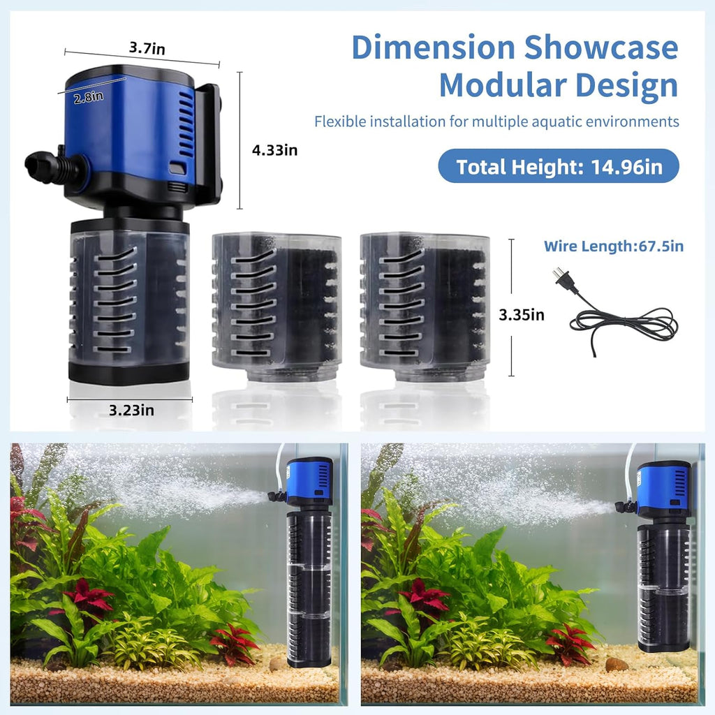 TARARIUM Aquarium Filter Pond Pump 660GPH for 75-300 Gallon Fish Tank, 8ft. High Lift Dry Burning Protection Biochemical Submersible Internal Powerful Pump 4 in 1, Saltwater Freshwater Large