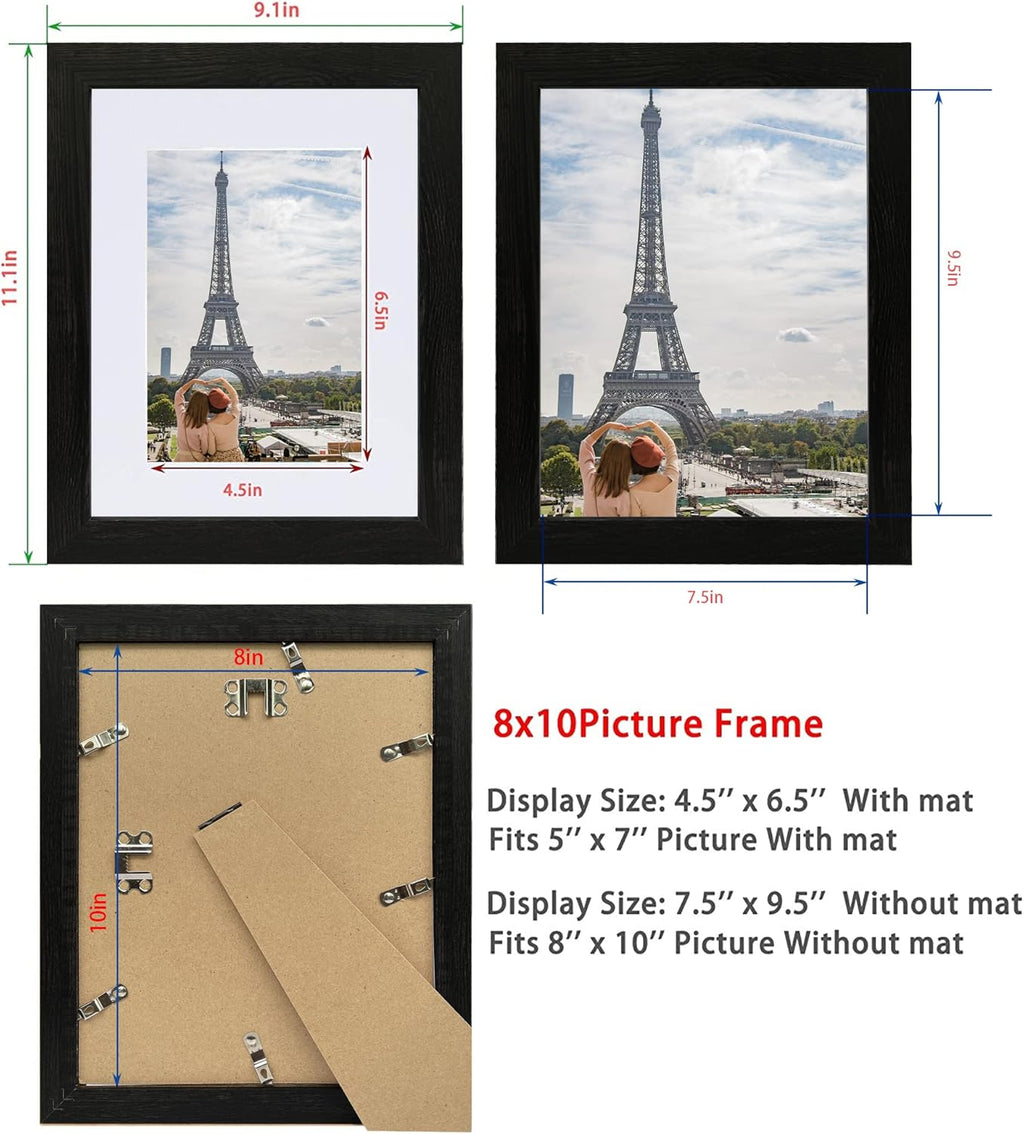 8x10 Picture Frame Set of 4, Made of Real Glass and Rustic Black Wooden Frame, 8 by 10 Photo for Wall or Tabletop - Display Picture 5x7 with Mat or 8x10 Without Mat
