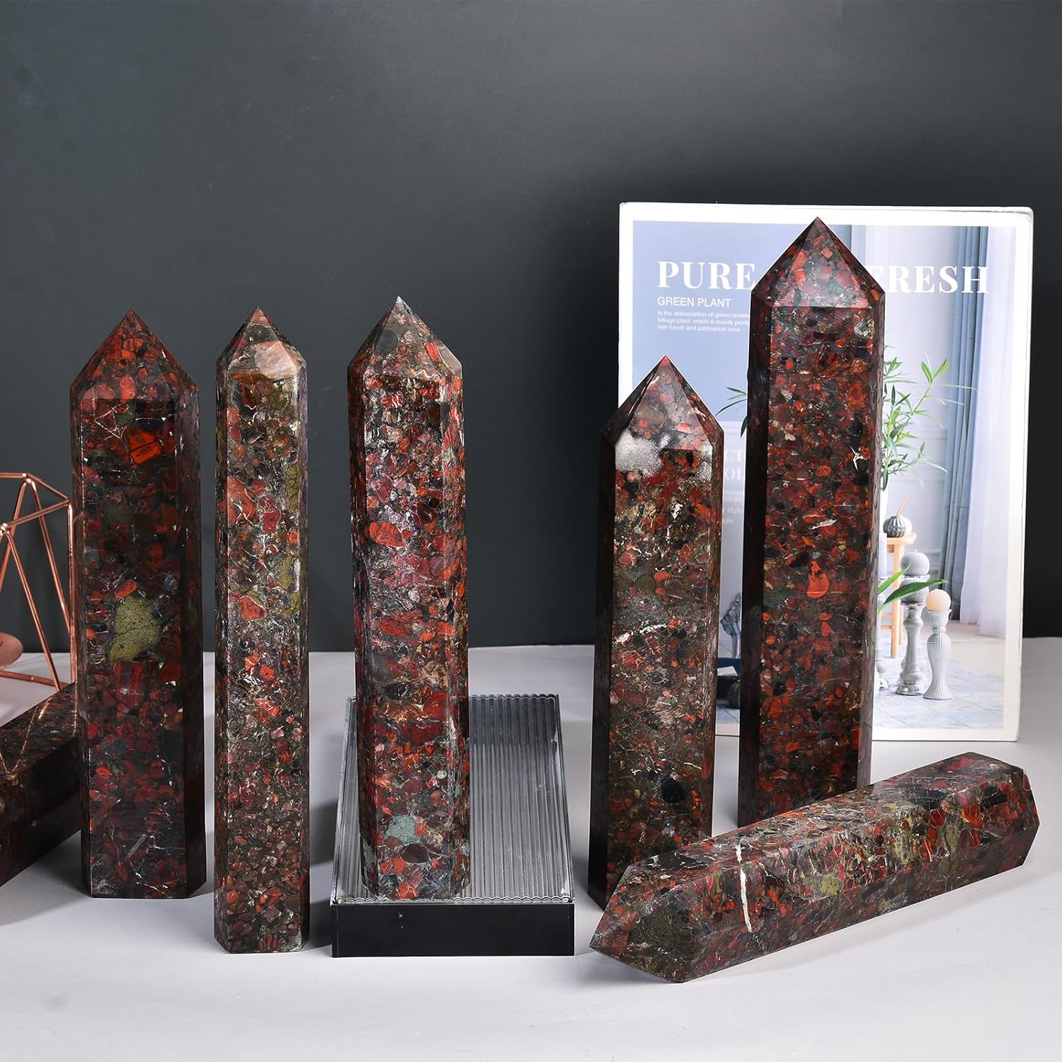JIC Gem Large Brazilian Red Agate Crystal Tower Natural Red Healing Crystal Point Wand Obelisk 6 Faceted Reiki Chakra Meditation Therapy Home Decor Crystal Gift 1.7-2.2 Lbs