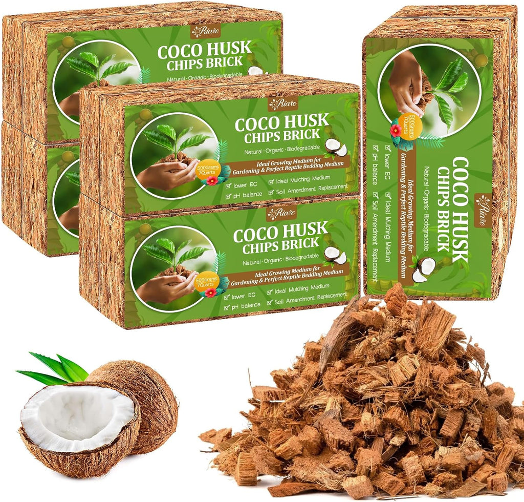 Riare 10 Pack Coco Chips Substrate for Plants- 11lb 100% Organic Coconut Husk Brick with Low EC and pH Balanced, High Expansion Coconut Substrate Coco Husk Mulch for Garden Flowers, Herbs, Planting