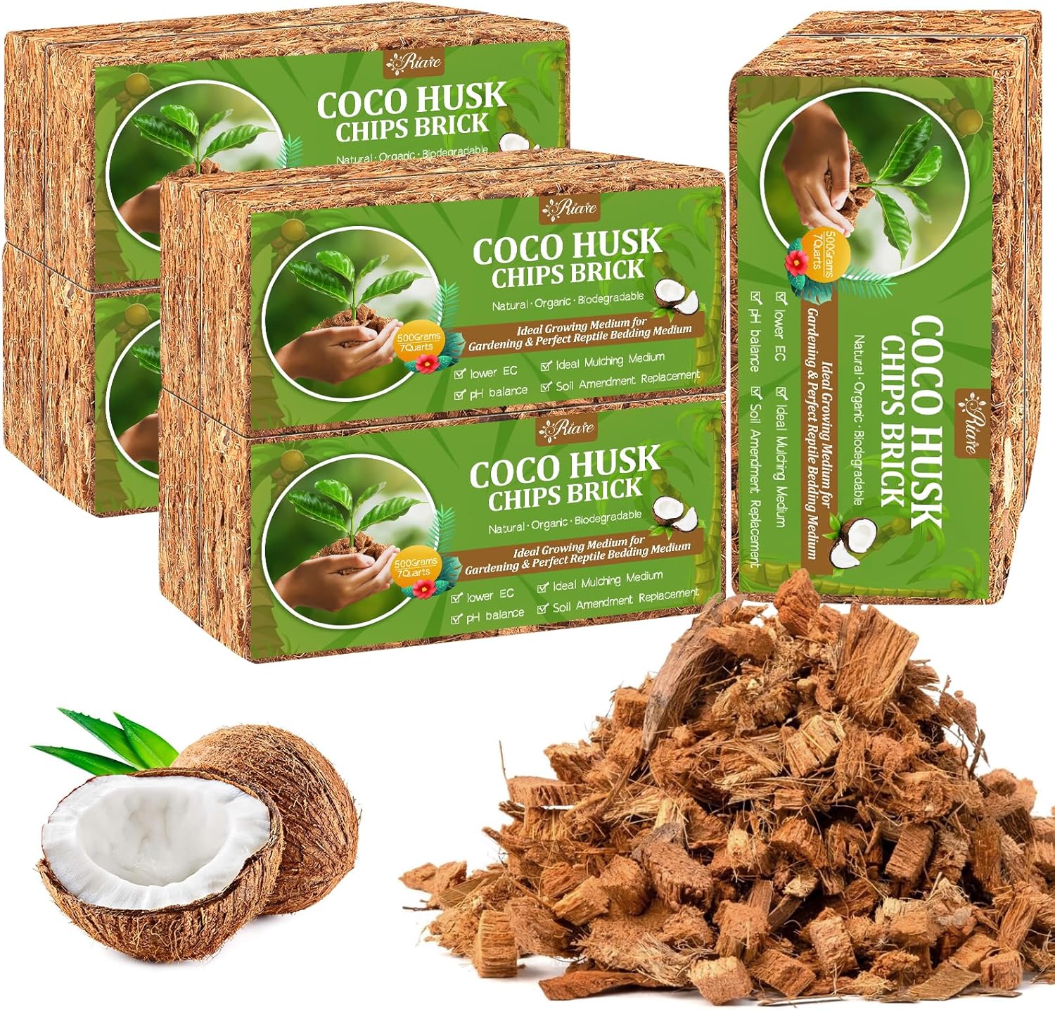 Riare 10 Pack Coco Chips Substrate for Plants- 11lb 100% Organic Coconut Husk Brick with Low EC and pH Balanced, High Expansion Coconut Substrate Coco Husk Mulch for Garden Flowers, Herbs, Planting