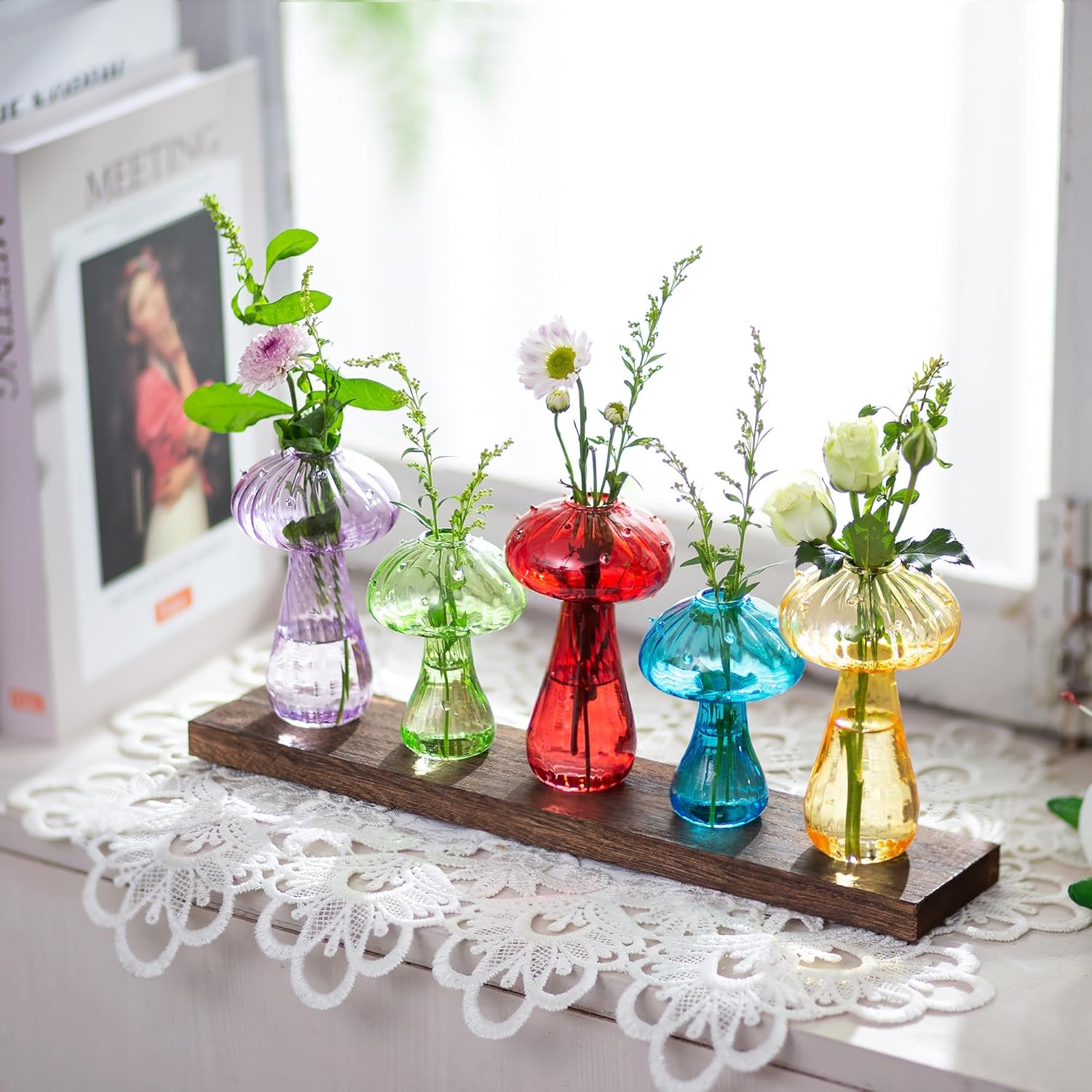 Glasseam Mushroom Plant Propagation Station: Cute Glass Terrarium Jar with Wooden Stand Unqiue Planters for Indoor Plants Hydroponic Glass Bud Flower Vase for Home Office Decor for Women