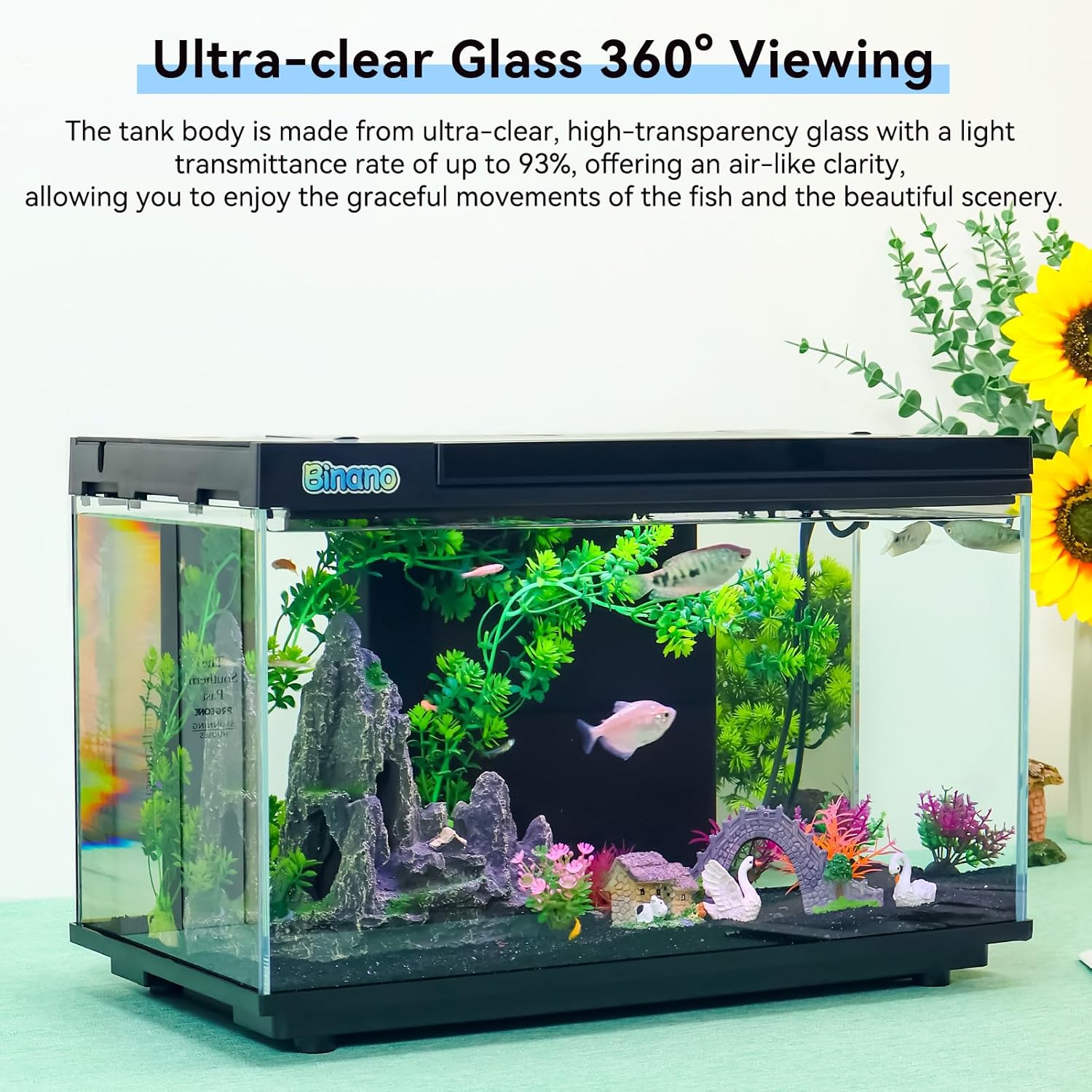17.6 x 11.3 x 9.7 Inch Fish Tank Kit Complete with Real-Time Temp Display, 3-Speed Water Pump, Smart Storage, Flexible Filter & 6 Color Lights Ideal Aquarium for Betta Fish & Goldfish